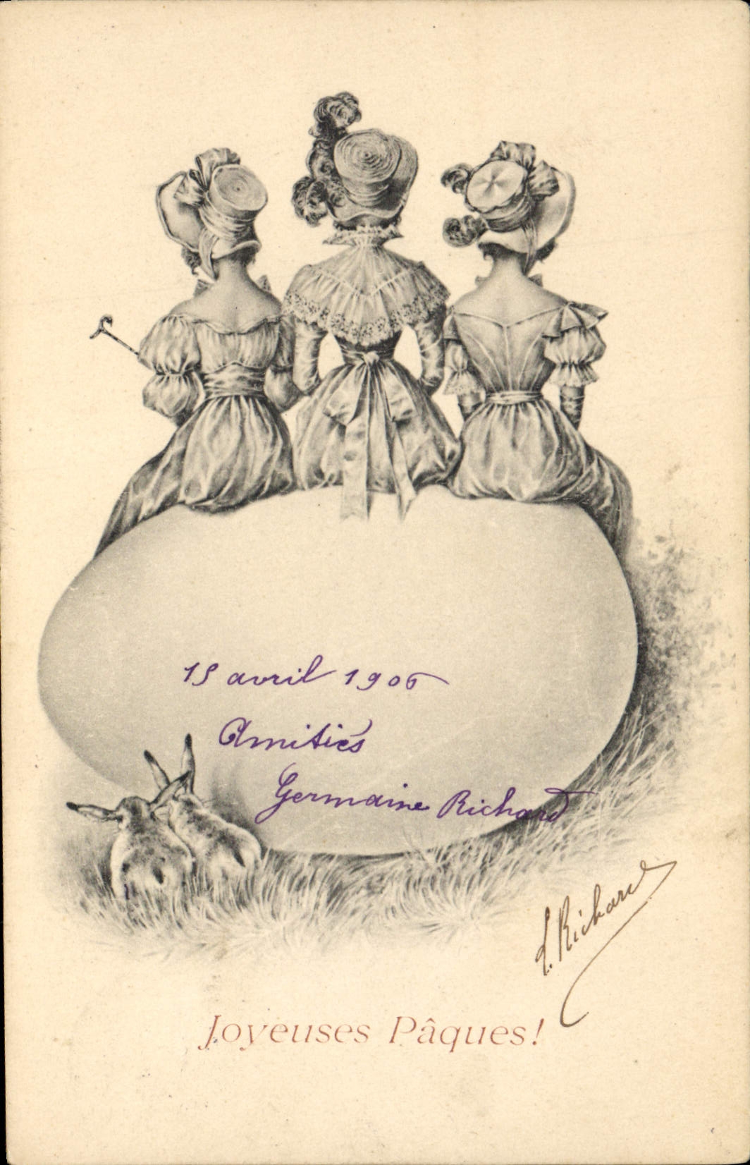 Vintage Postcard Fantasy Women Egg Rabbits