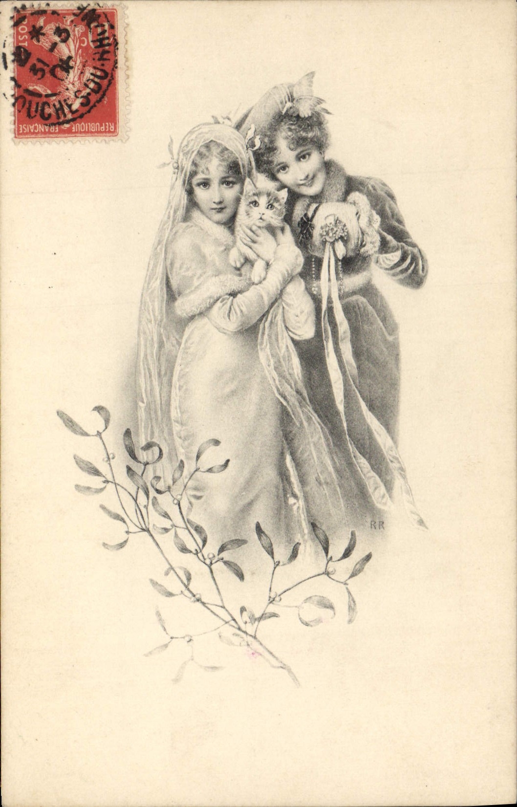 Vintage Postcard Fantasy Women Cat Kitten