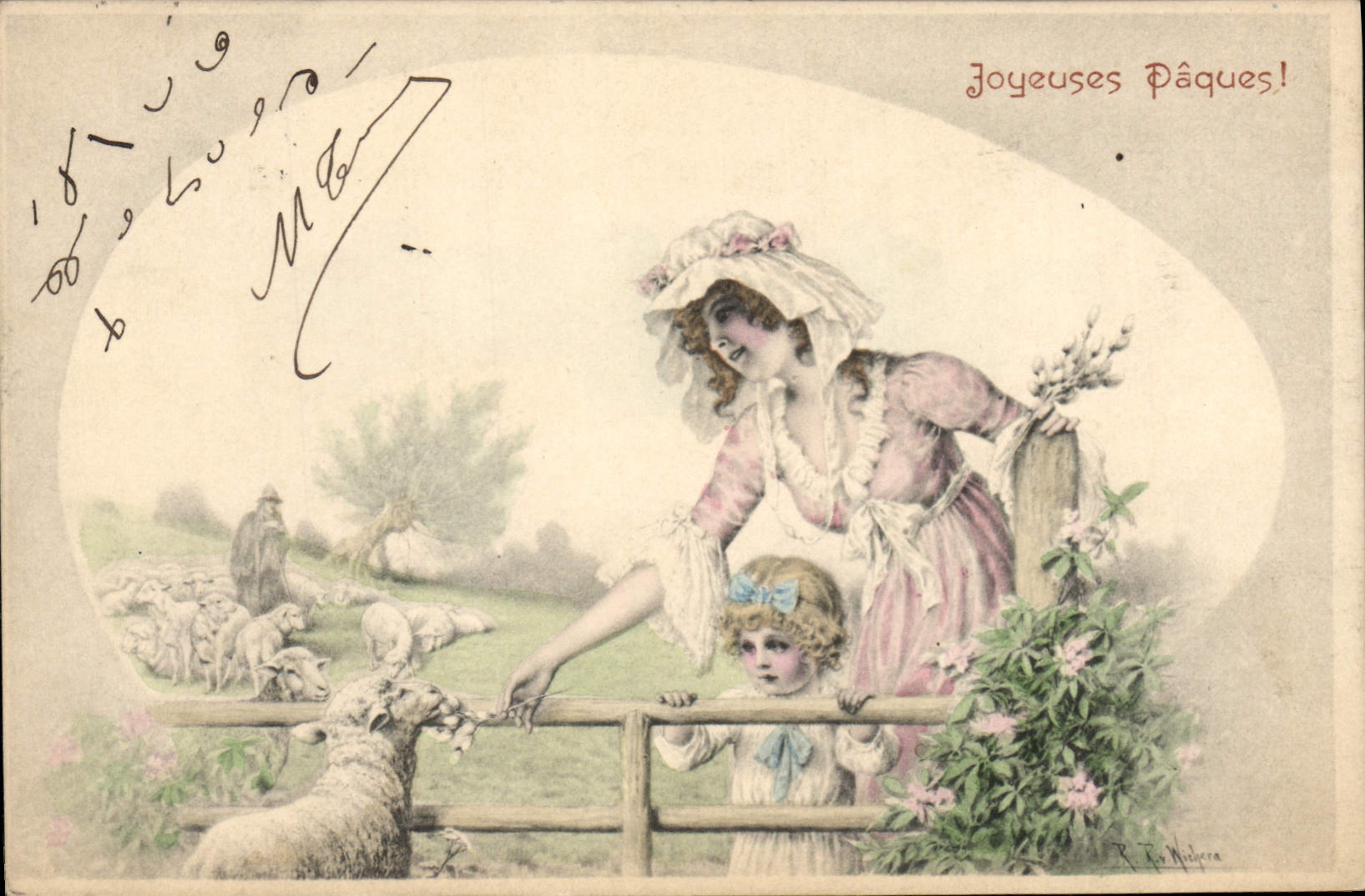 Vintage Postcard Fantasy Child wife Easter Lambs