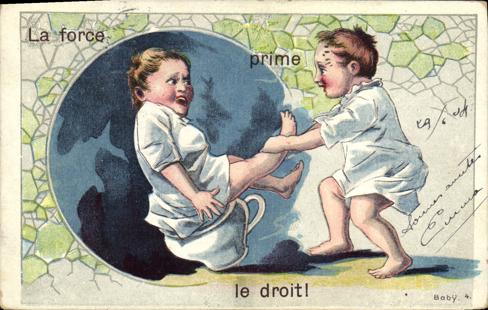 CPA Fantaisie Enfants Enfant Bebe La force prime le droit