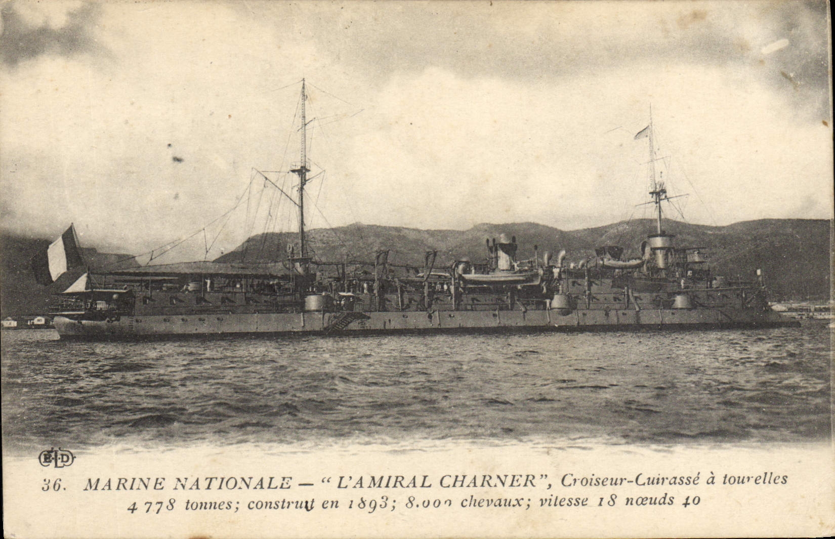 Vintage Postcard Warship the Admiral Charner Croiseur Armours has turrets