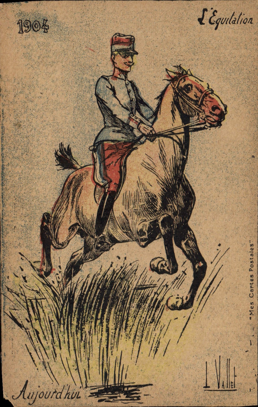 Postal Fantasia Ilustrador Criado 1904 la equitación Caballo Militaria