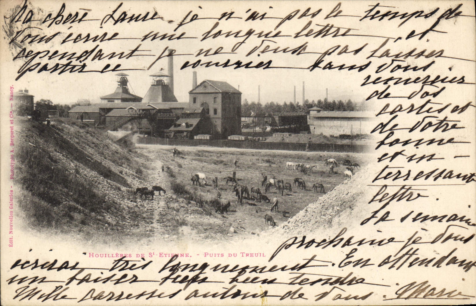Vintage Postcard Mines Houillieres Mines of St Etienne Puits of the Winch Horses