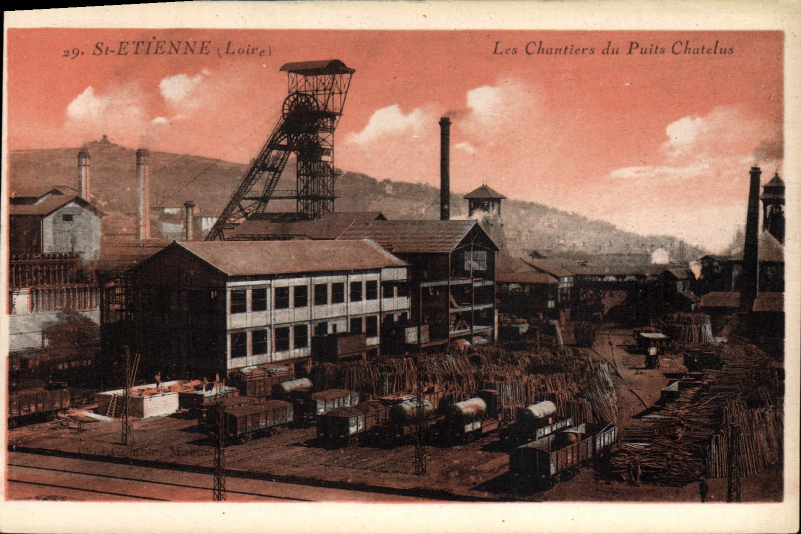 Postal Mina Minas San Etienne las obras del pozo Chatelus