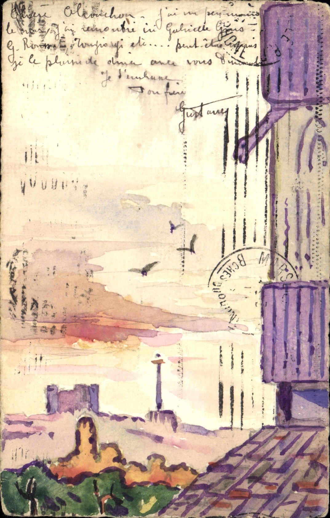 Vintage Postcard Fantasy (drawing has the hand) On the roofs