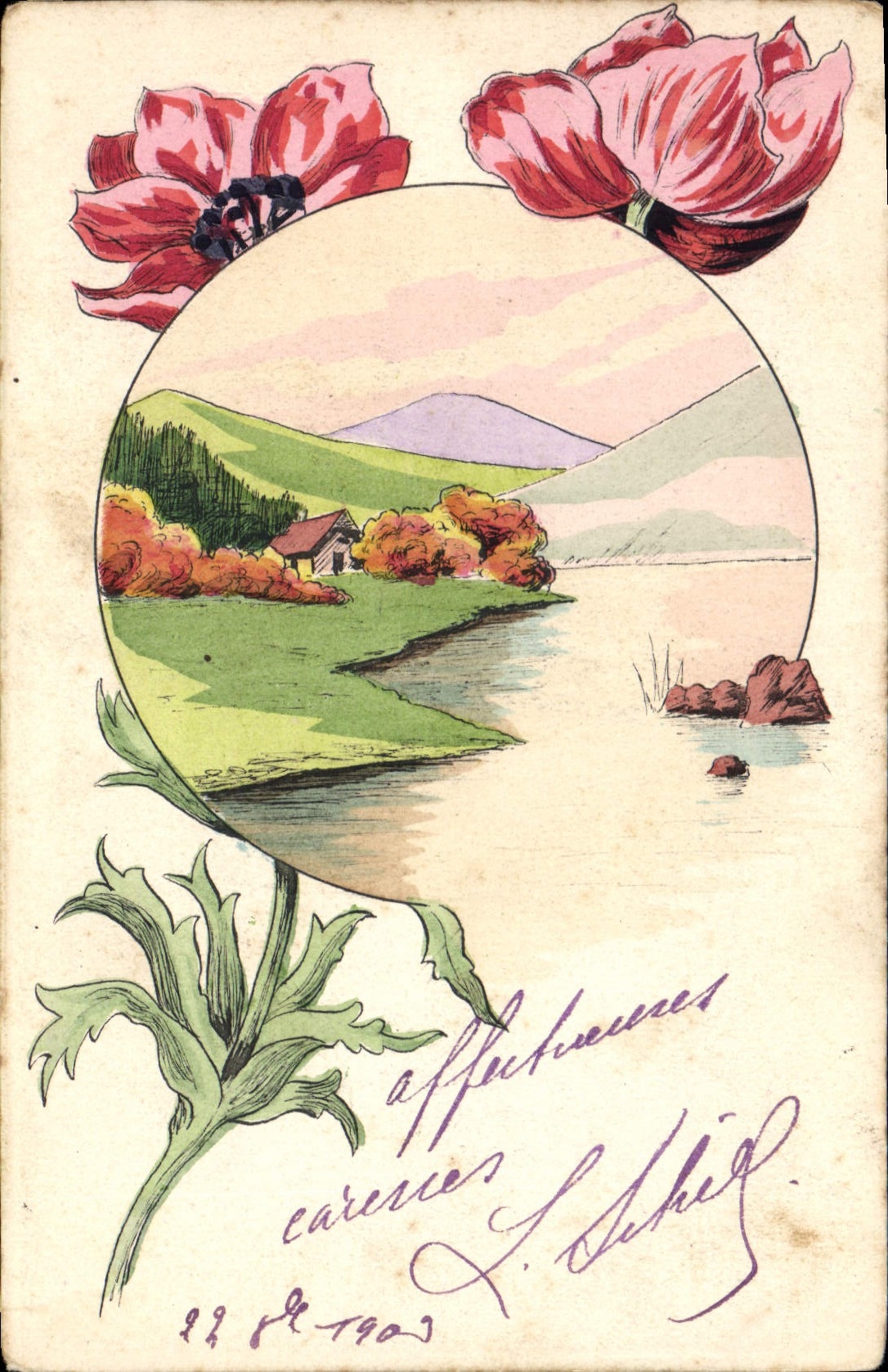 CPA Fantaisie (dessin a la main) Fleurs