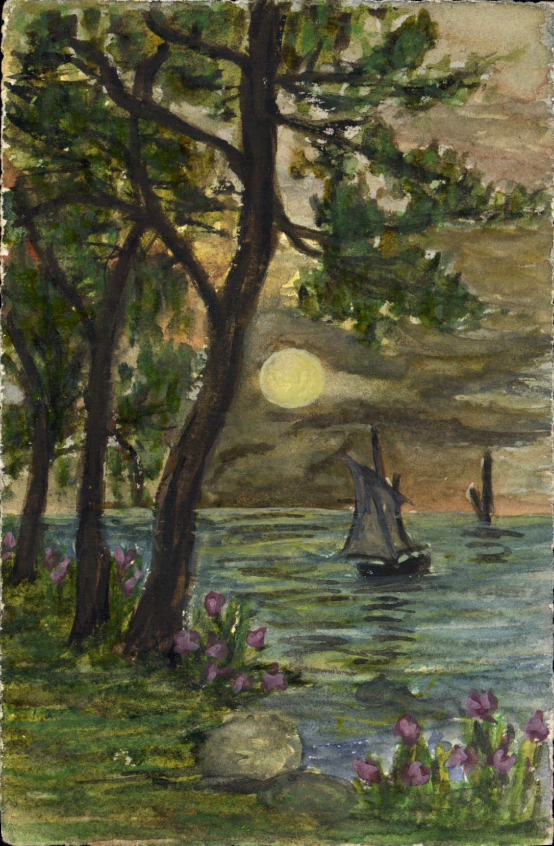 Vintage Postcard Fantasy (drawing has the hand) Landscape Boat