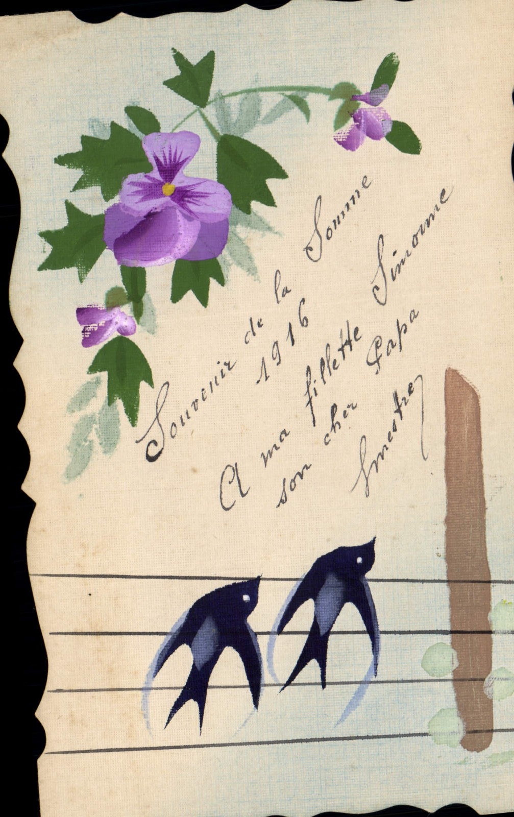 CPA Fantaisie (dessin a la main) Fleurs Hirondelles