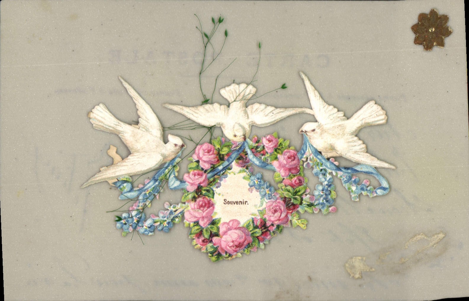 Vintage Postcard transparent Chart Flowers Doves