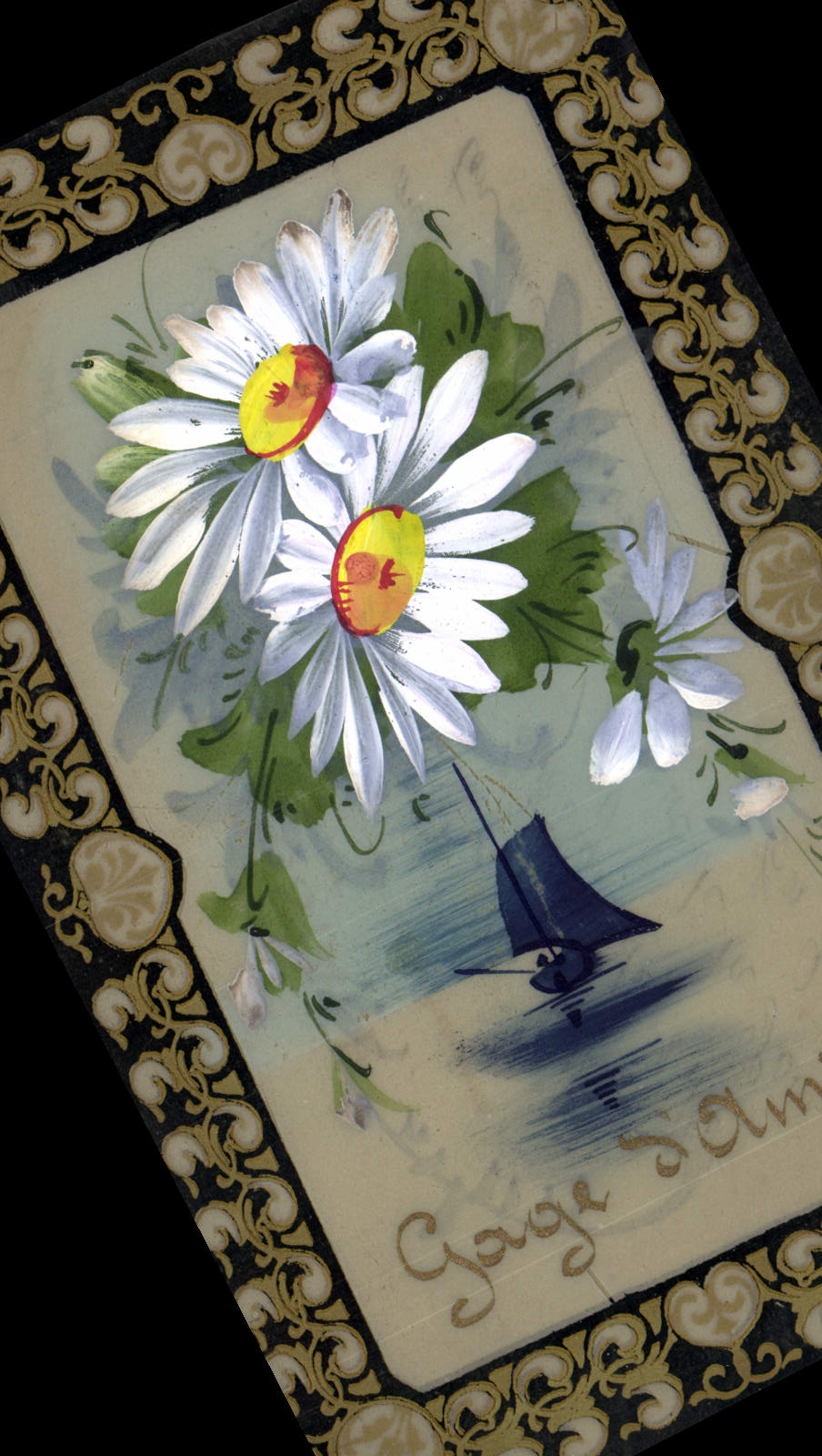 Vintage Postcard transparent Chart Flowers Boat