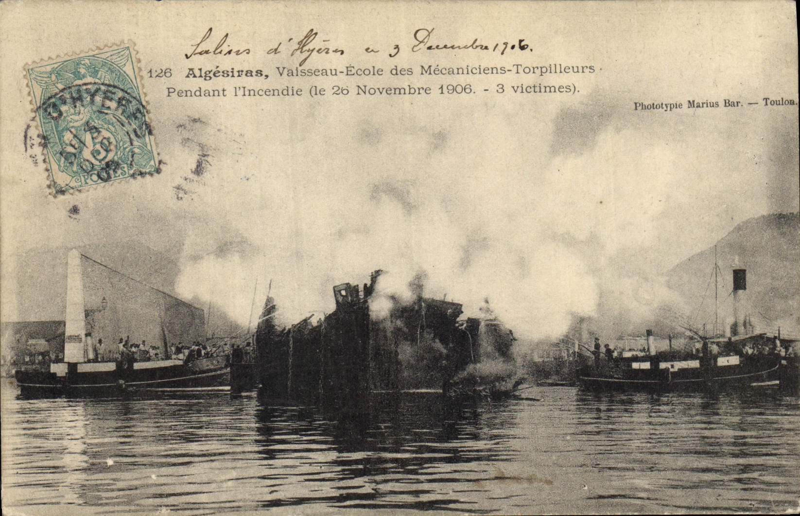 Vintage Postcard Warship Algeciras Vessel School of the mechanics Destroyers During the fire November 26th, 1906