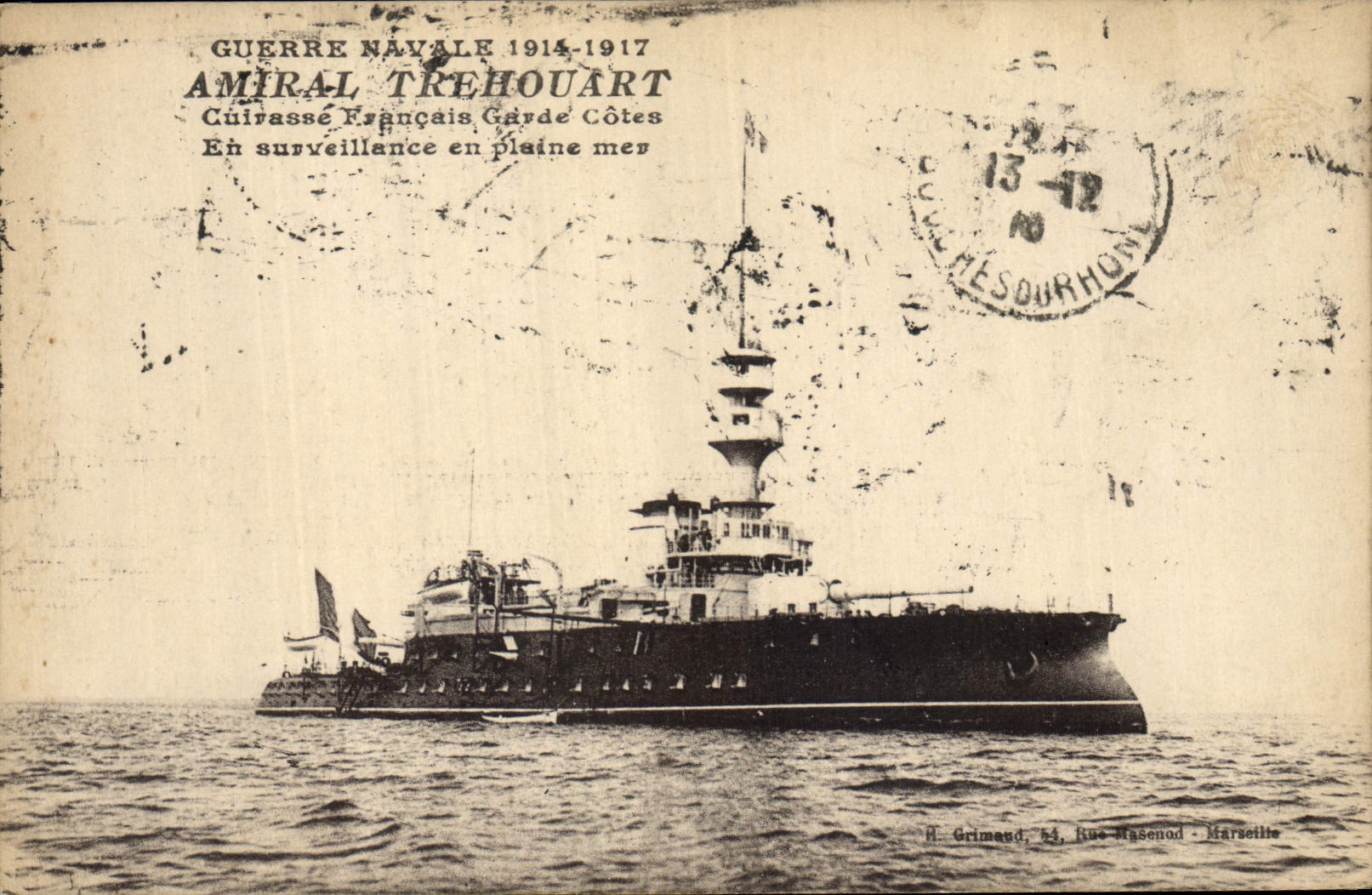 Vintage Postcard Warship Admiral Trehouart French Cuirasse Keeps Dimensions in monitoring at sea