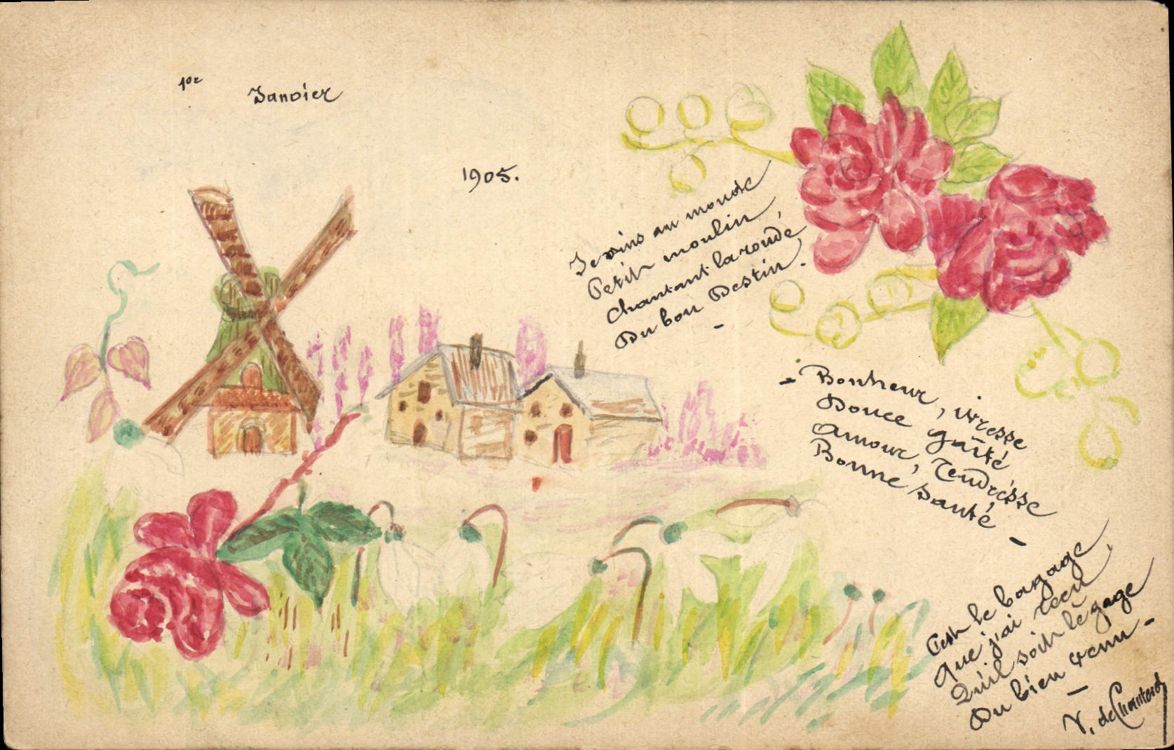 CPA Fantaisie (dessin a la main) Moulin a vent 