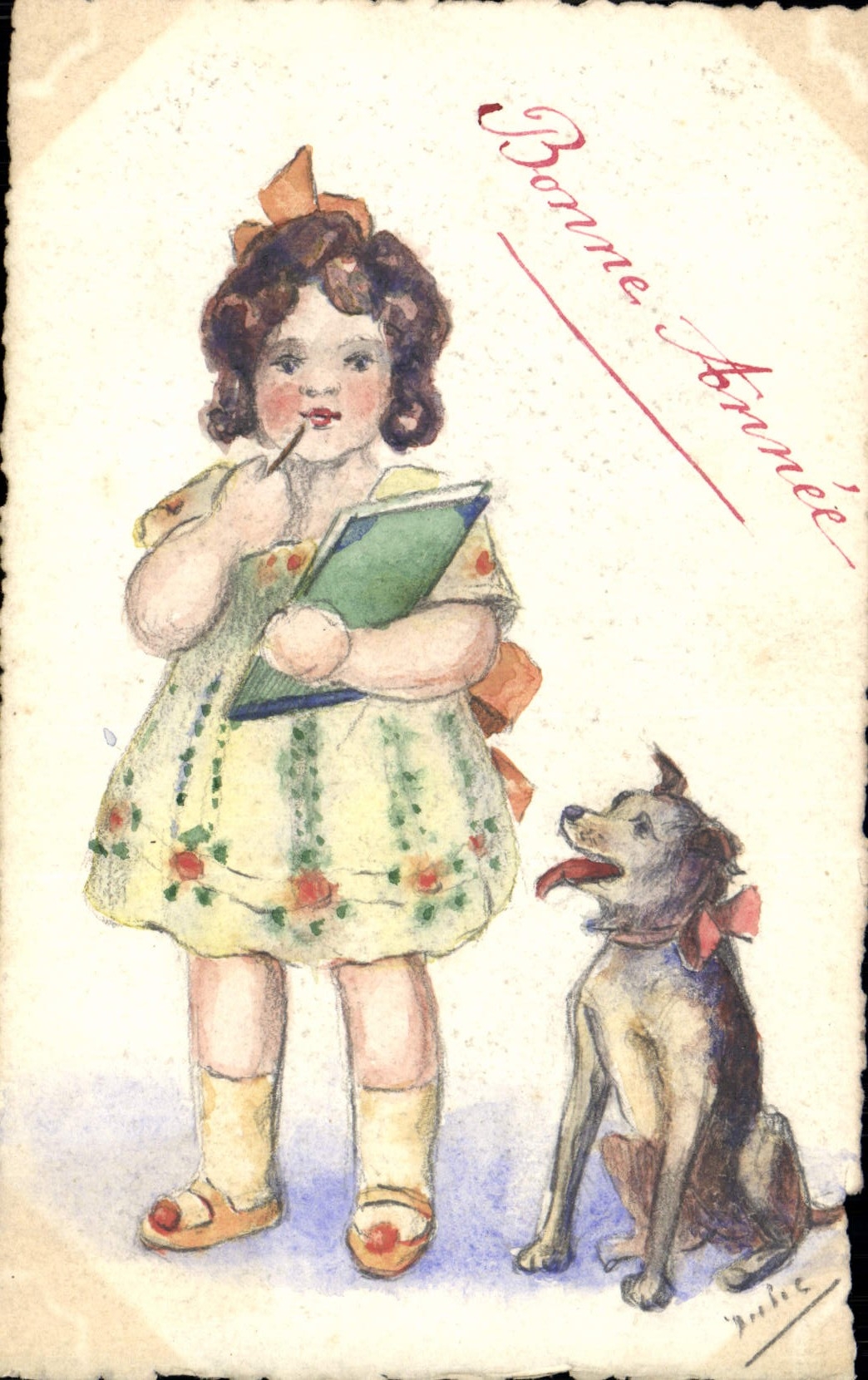 Vintage Postcard Fantasy (drawing has the hand) Child Dog
