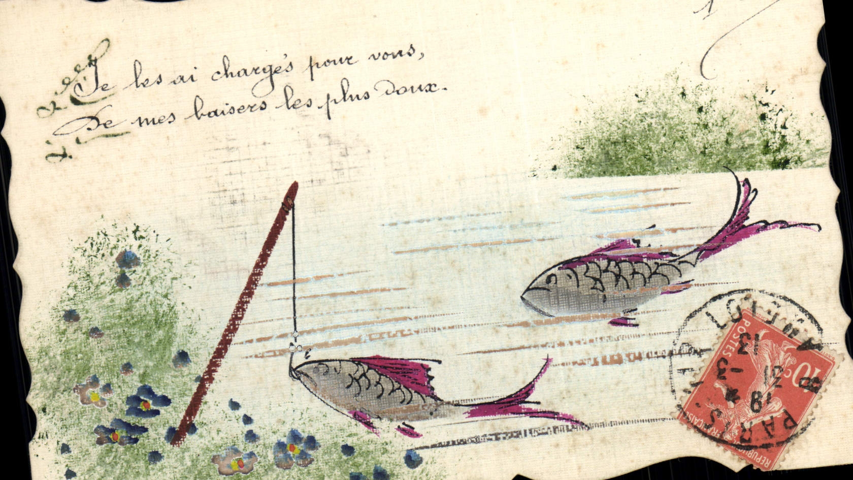 Vintage Postcard Fantasy (drawing has the hand) Poisson Peche