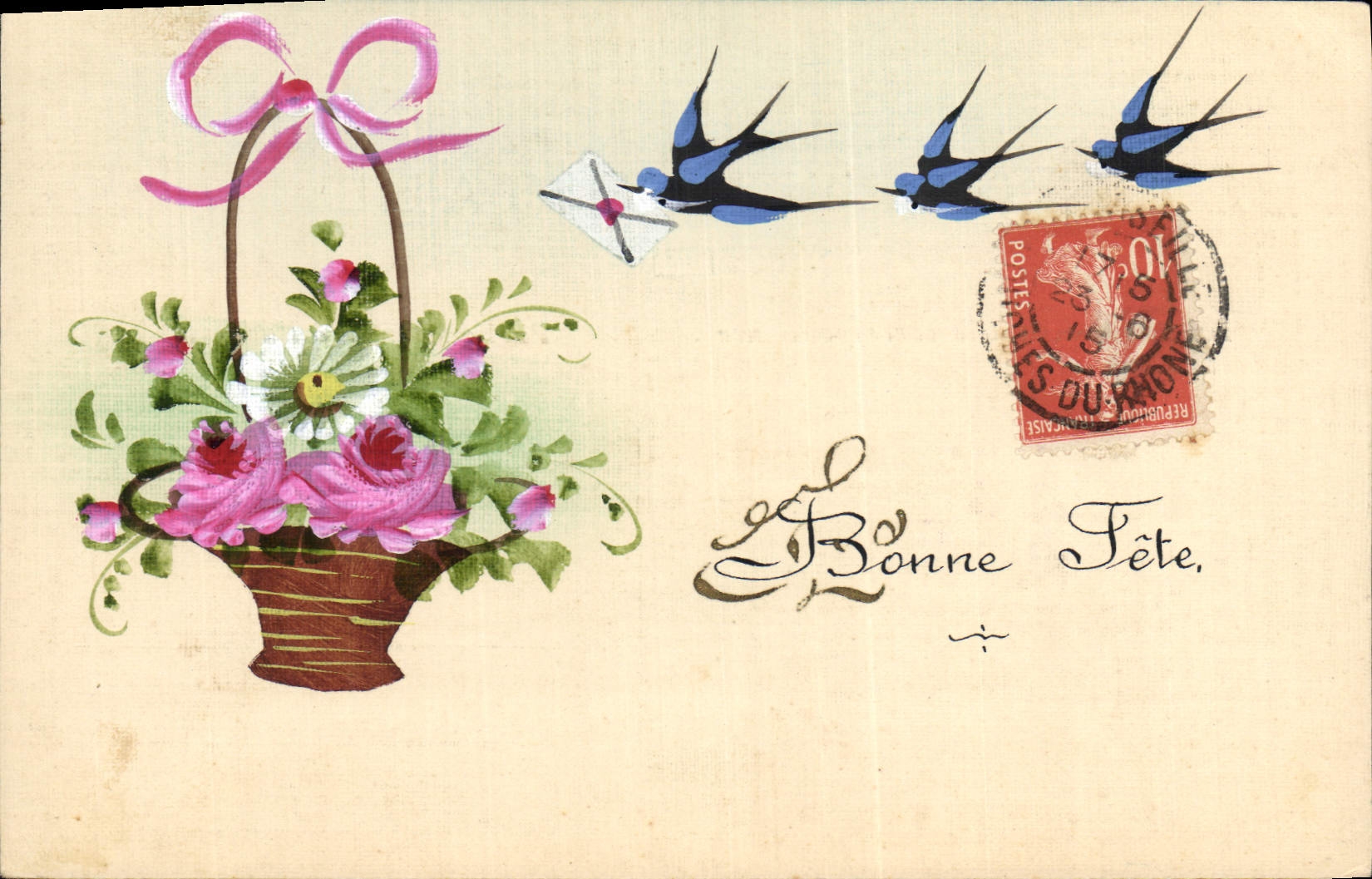 CPA Fantaisie (dessin a la main) Fleurs Hirondelles