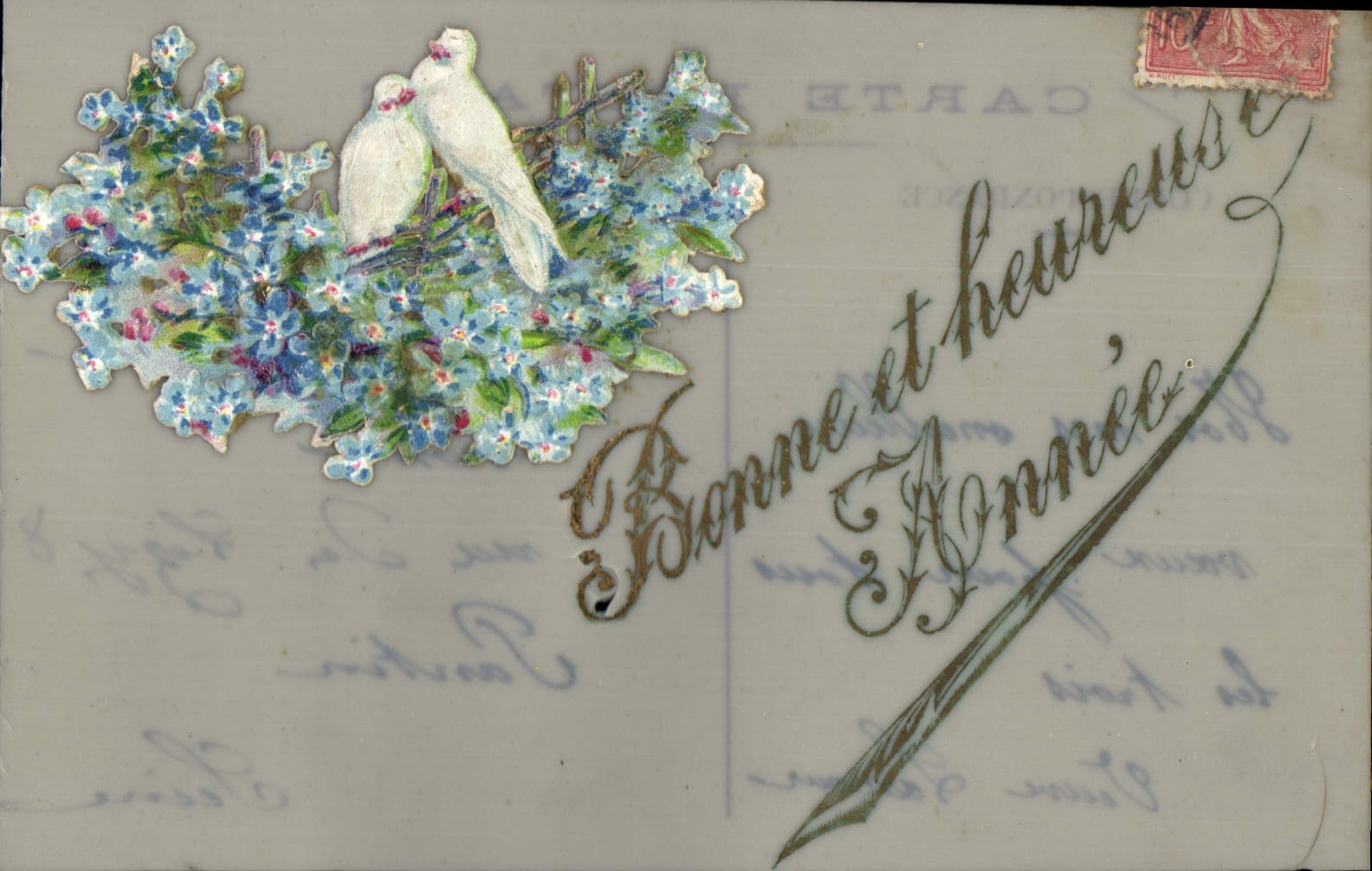 Vintage Postcard Fantasy transparent Chart Flowers Doves