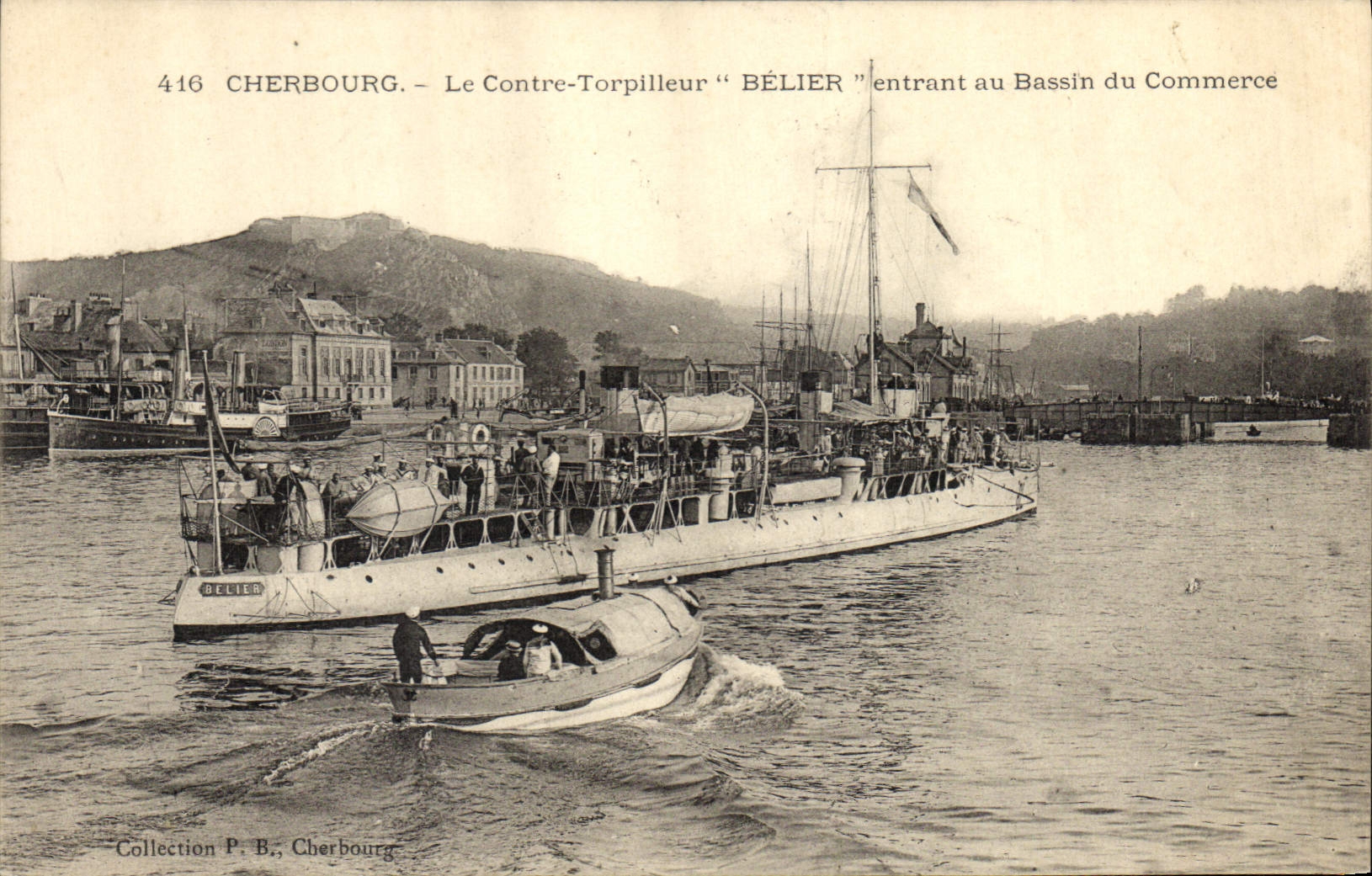 Vintage Postcard Warship Cherbourg against destroyer Ram entering to the Basin commercial