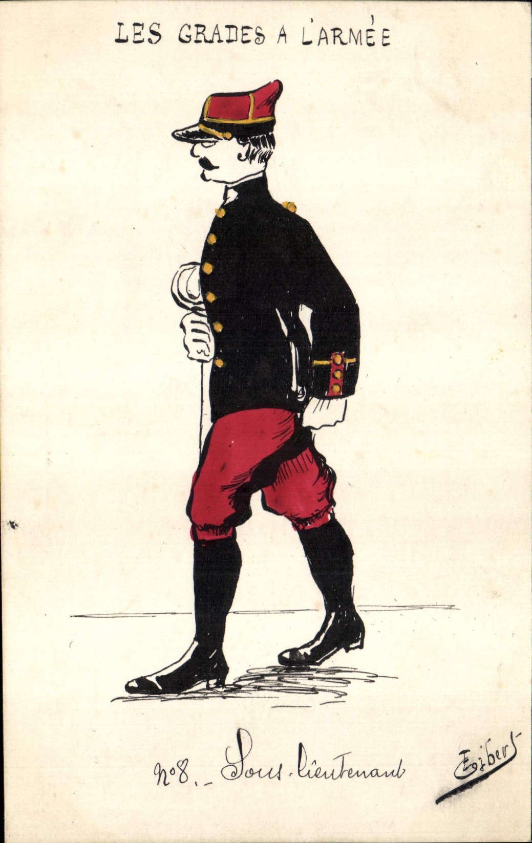 Vintage Postcard Militaria the ranks has the army Under lieutenant (drawing has the hand)