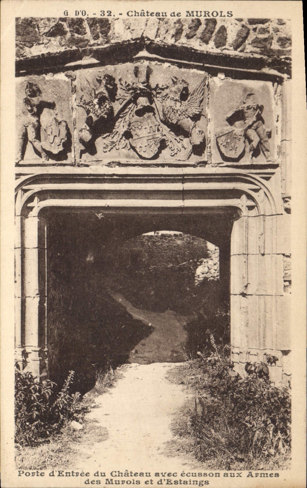 Vintage Postcard Castle of Murols Main door of the Castle with escutcheon bearing the arms of Murols and of Estaings