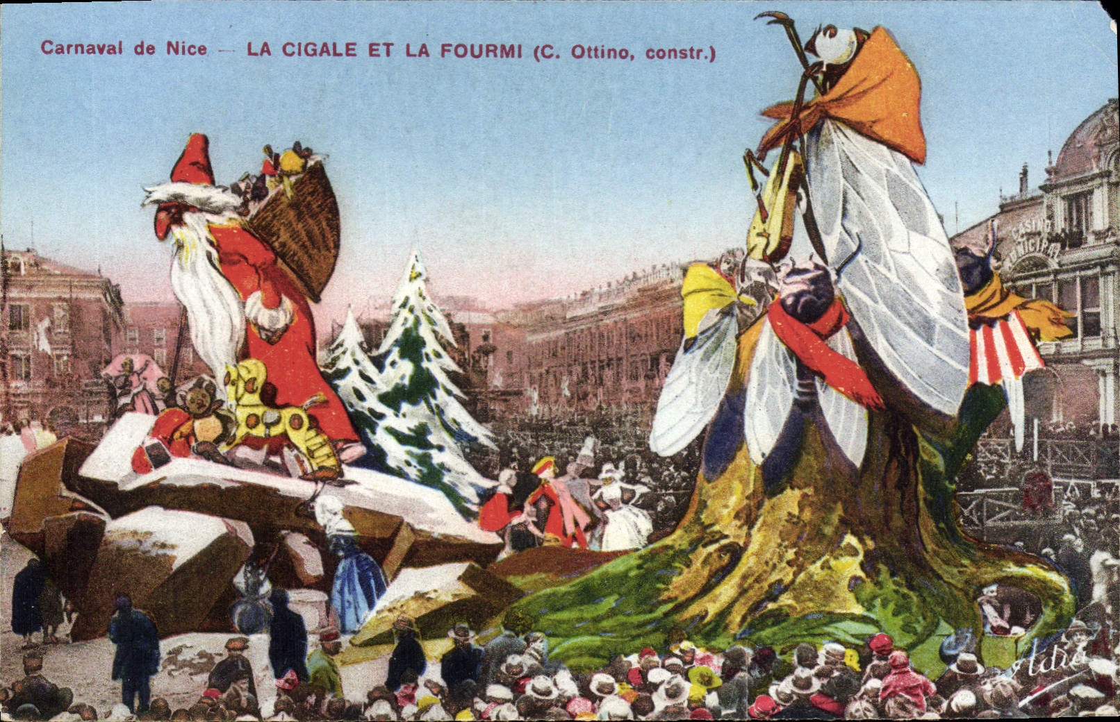 Vintage Postcard Fantasy Father Christmas Carnival of Nice the cicada and the ant