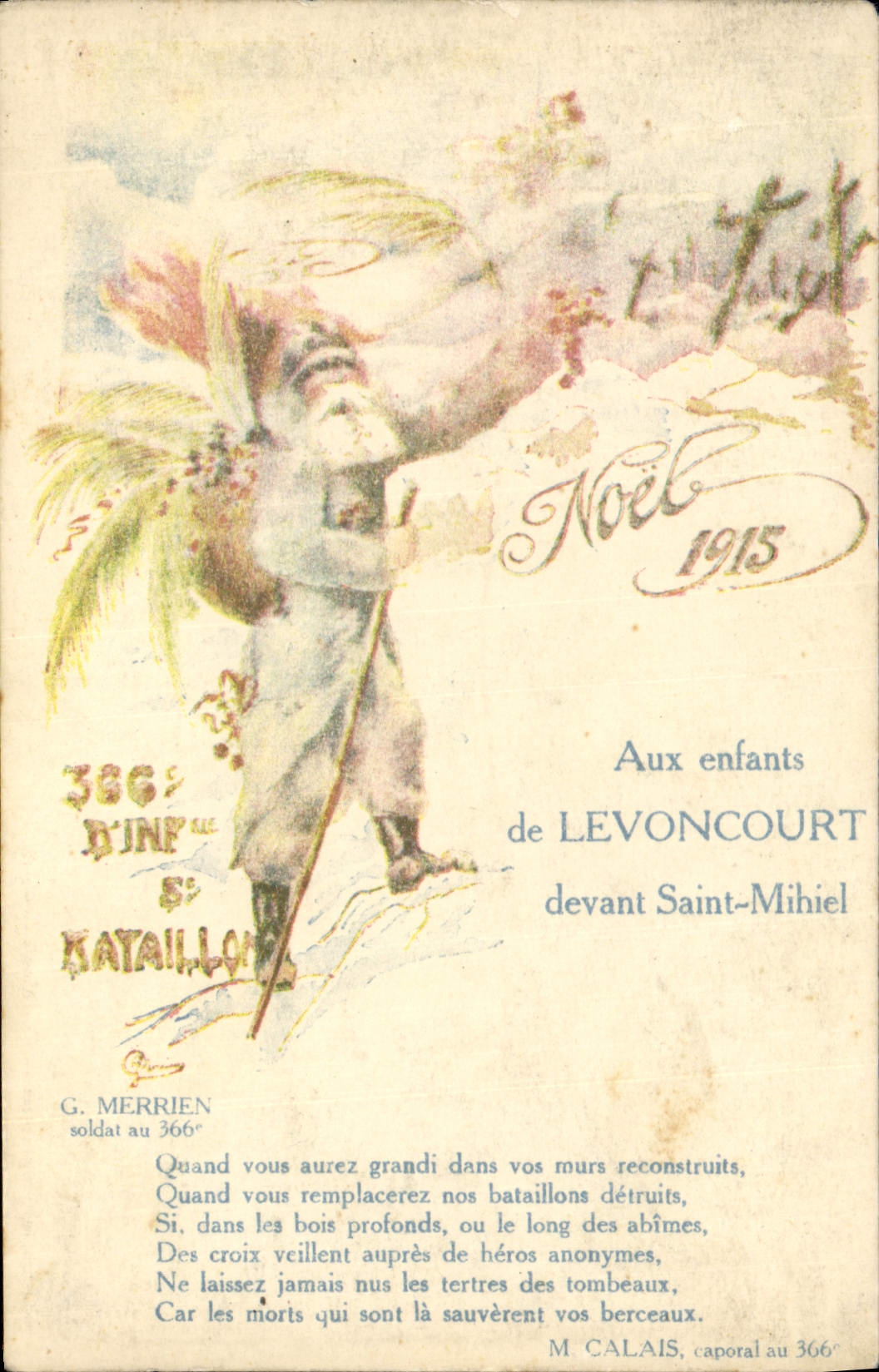 Vintage Postcard Fantasy Father Christmas With the children of Levoncourt in front of Saint Mihiel 366eme of infantry Militaria Battalion