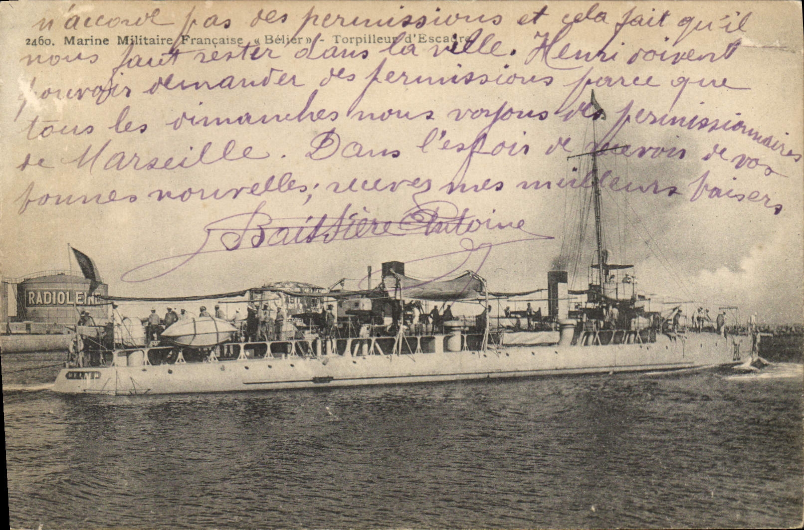 CPA Bateau de Guerre Belier Torpilleur d'escadre Radioleine