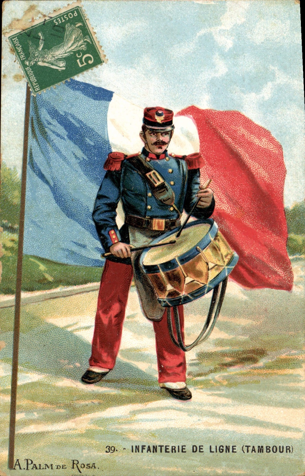 Vintage Postcard Militaria Infantry of line Drum Flag