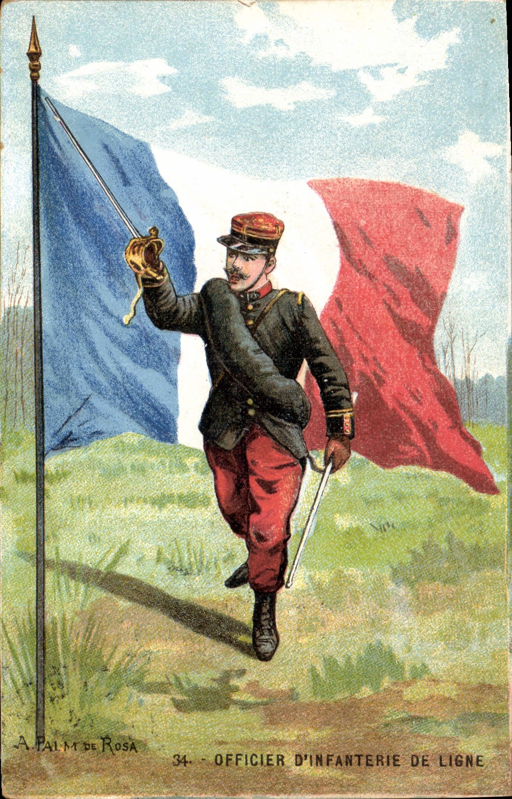 CPA Militaria Officier d'infanterie de ligne Drapeau