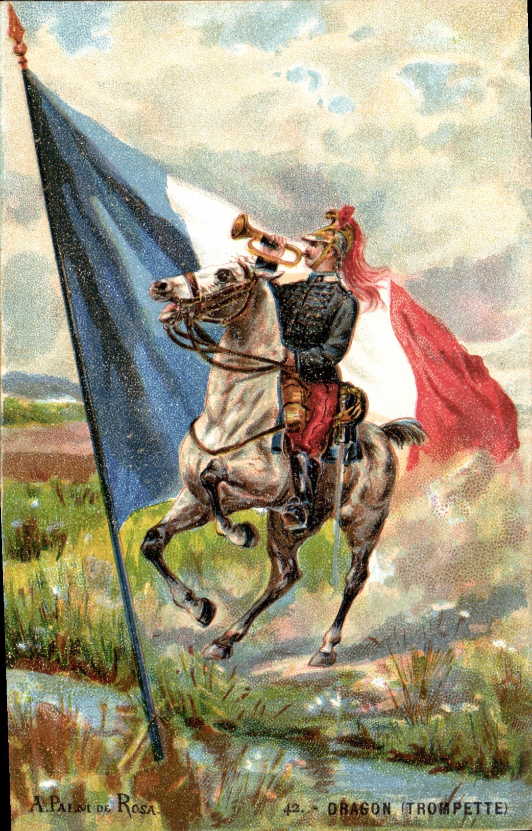 Vintage Postcard Militaria Dragon Trumpets Flag