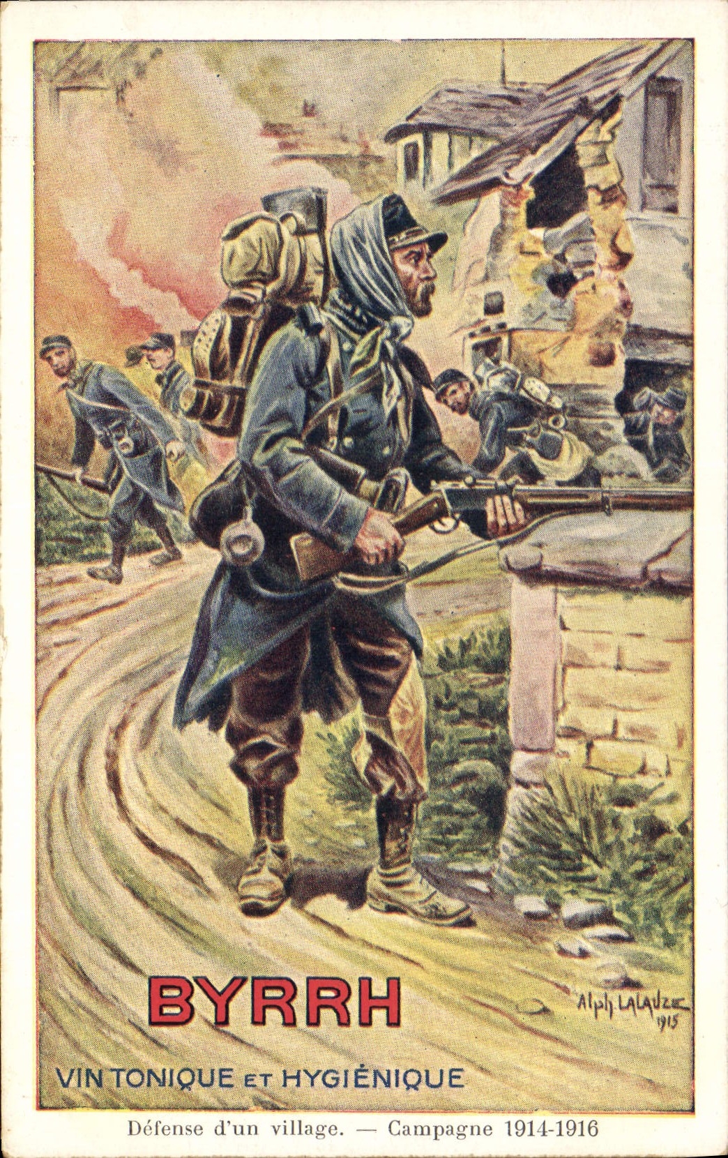 Postal Militaria Byrrh Vino tónico Defensa de un pueblo Campaña 1914 de 1916