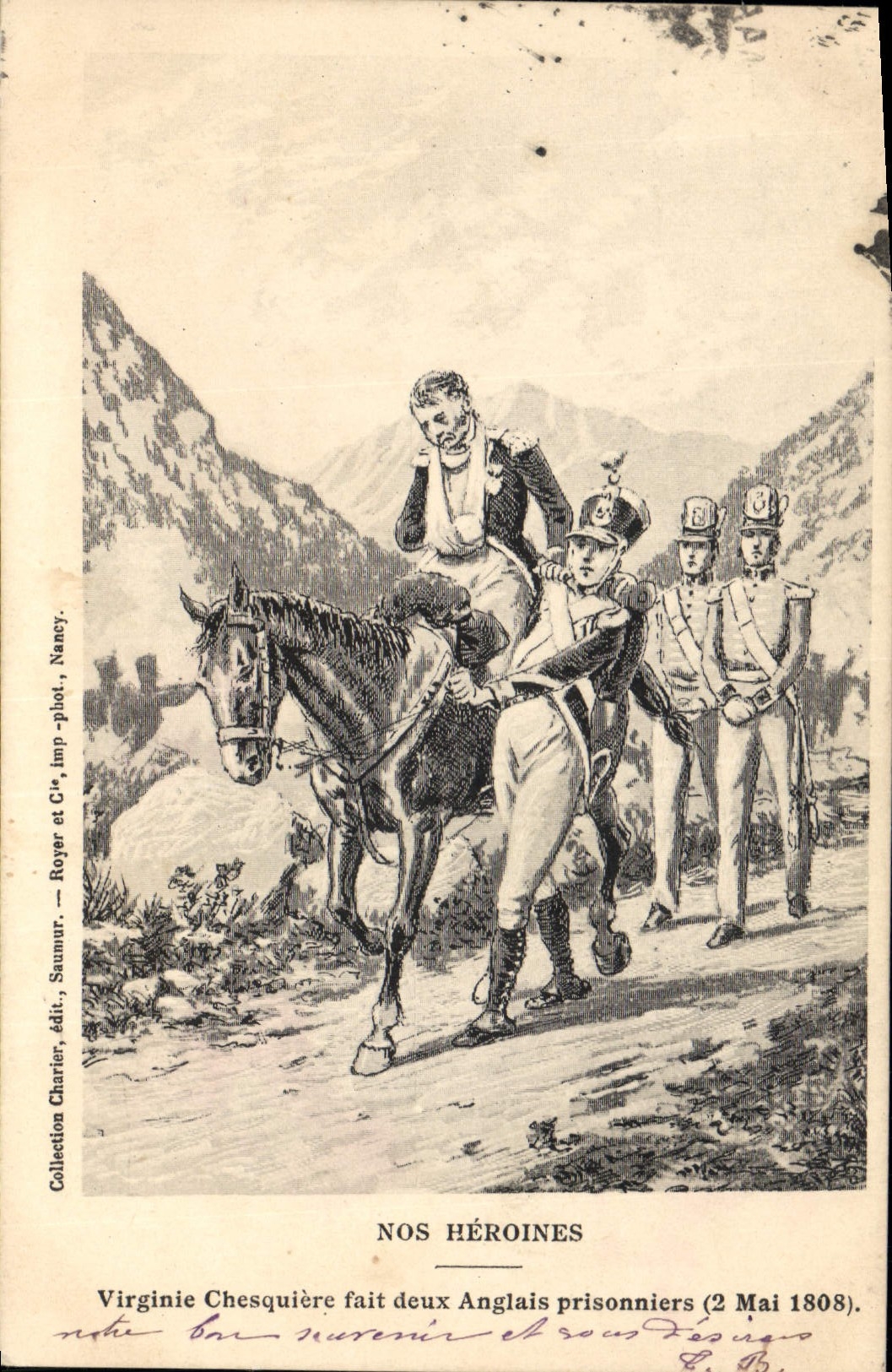 Vintage Postcard Militaria Our heroins Virginia Chequiere makes two captive English