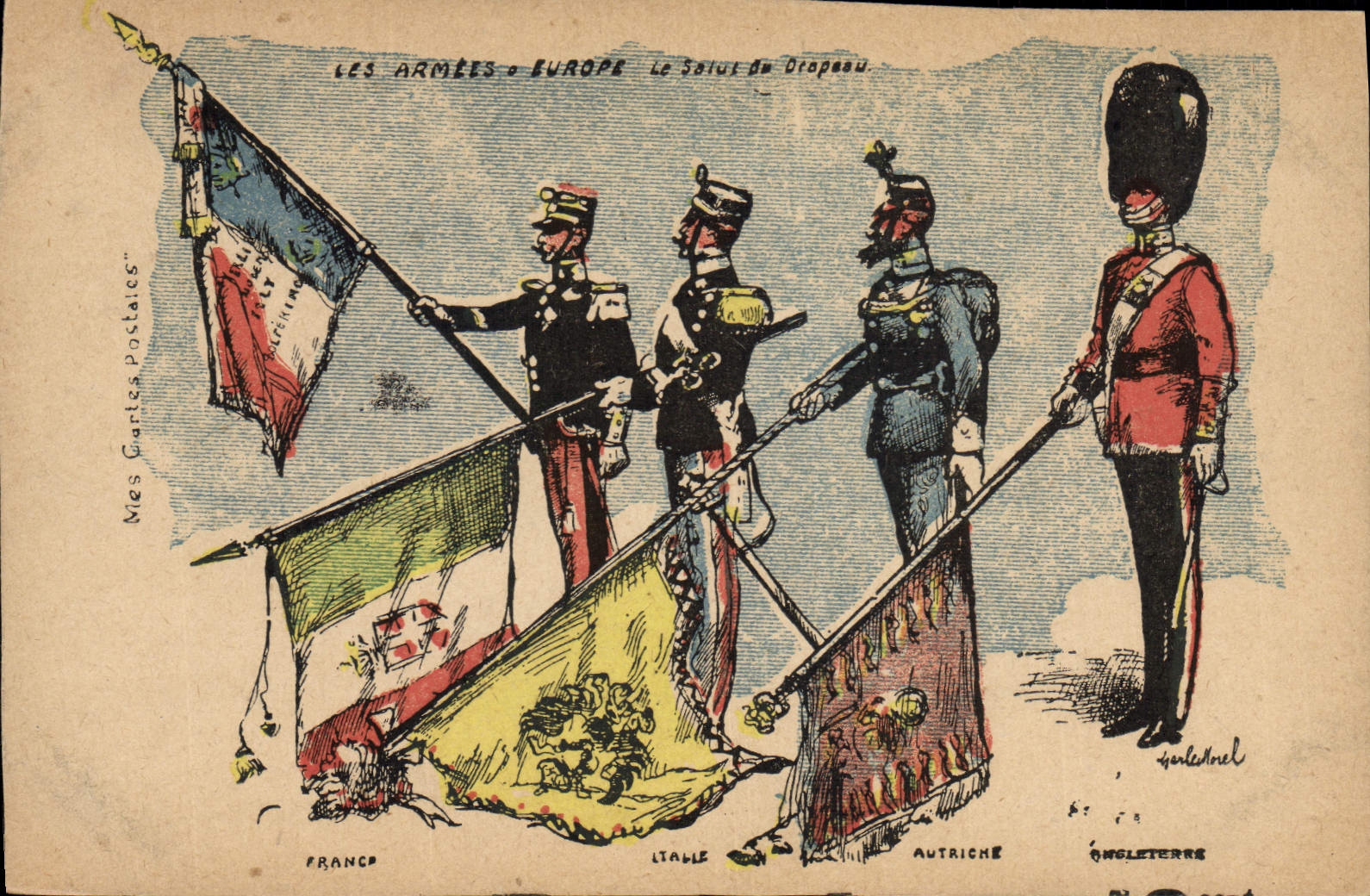 Vintage Postcard Militaria armies of Europe the safety of the flag France Italy Austria England