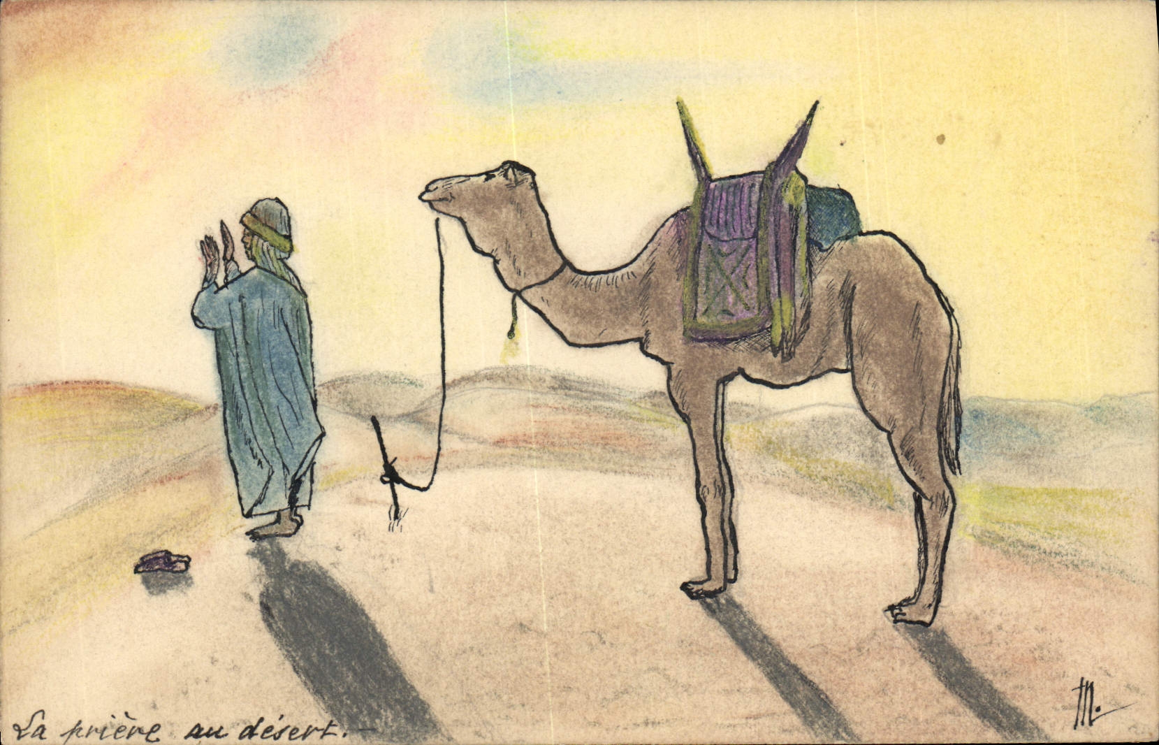 CPA Fantaisie (dessin a la main) Chameau La priere au desert