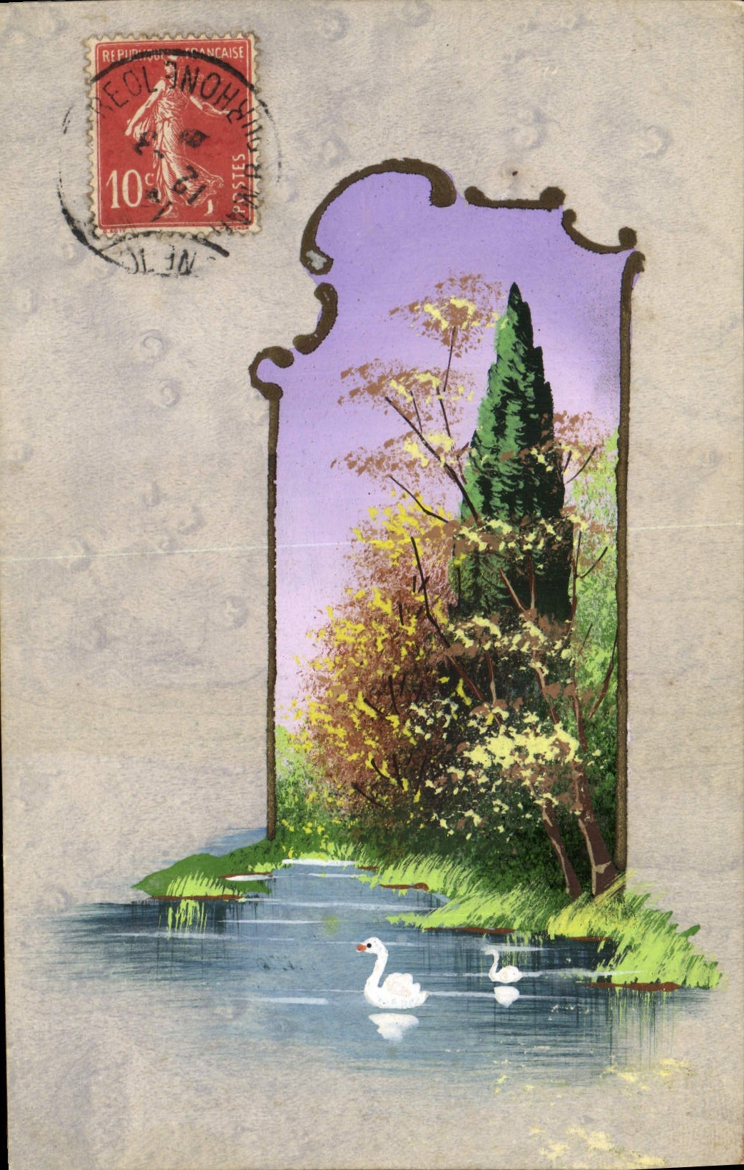 CPA Fantaisie (dessin a la main) Paysage Cygnes 