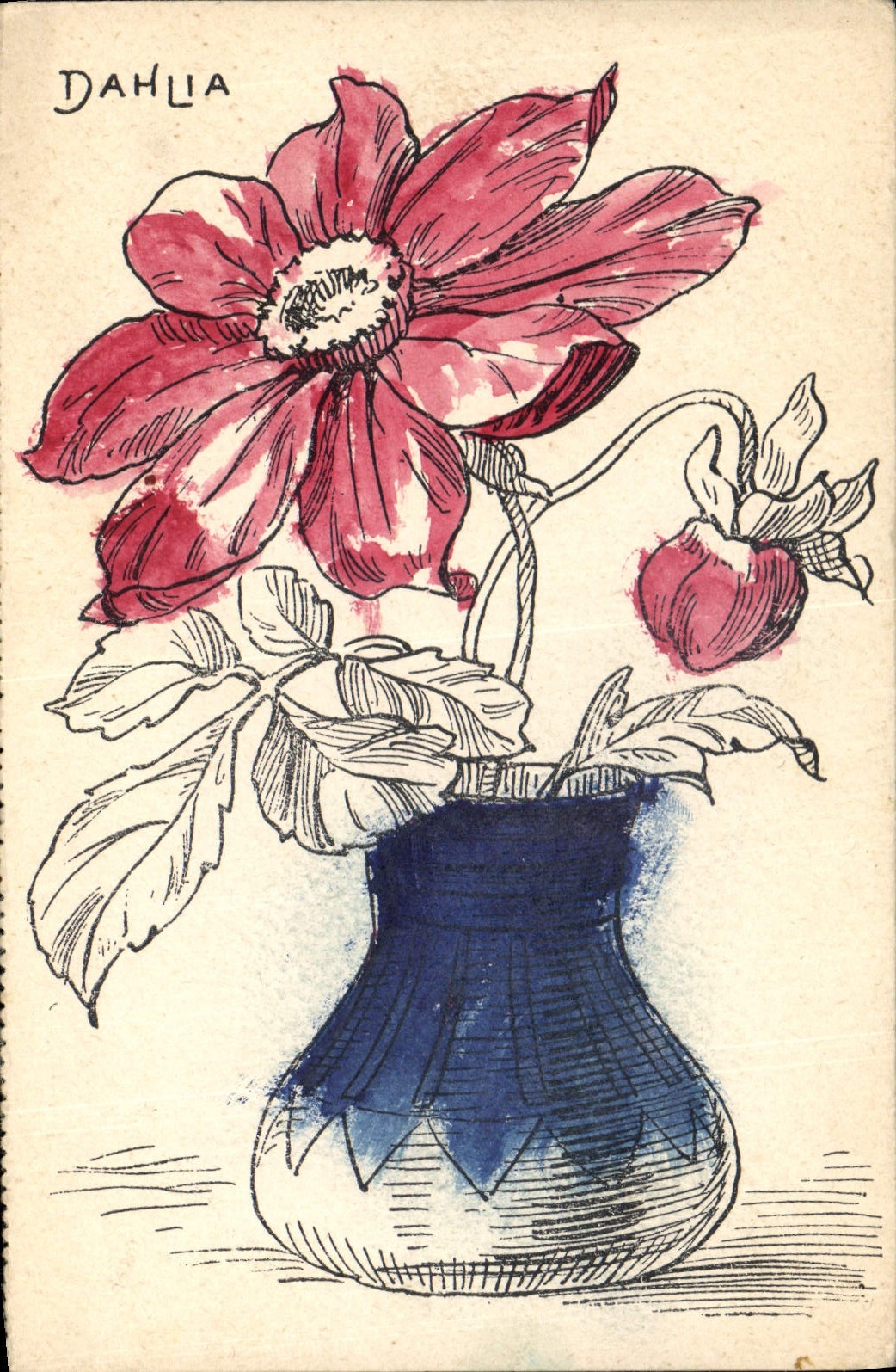 CPA Fantaisie (dessin a la main) Fleurs Dahlia