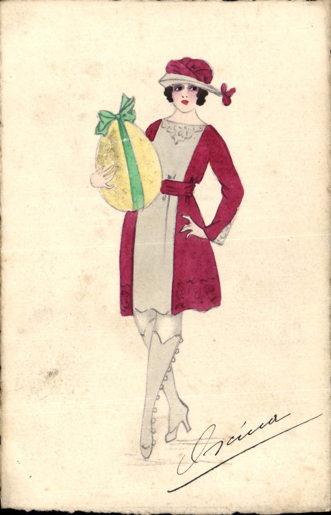 CPA Fantaisie (dessin a la main) Femme Oeuf 