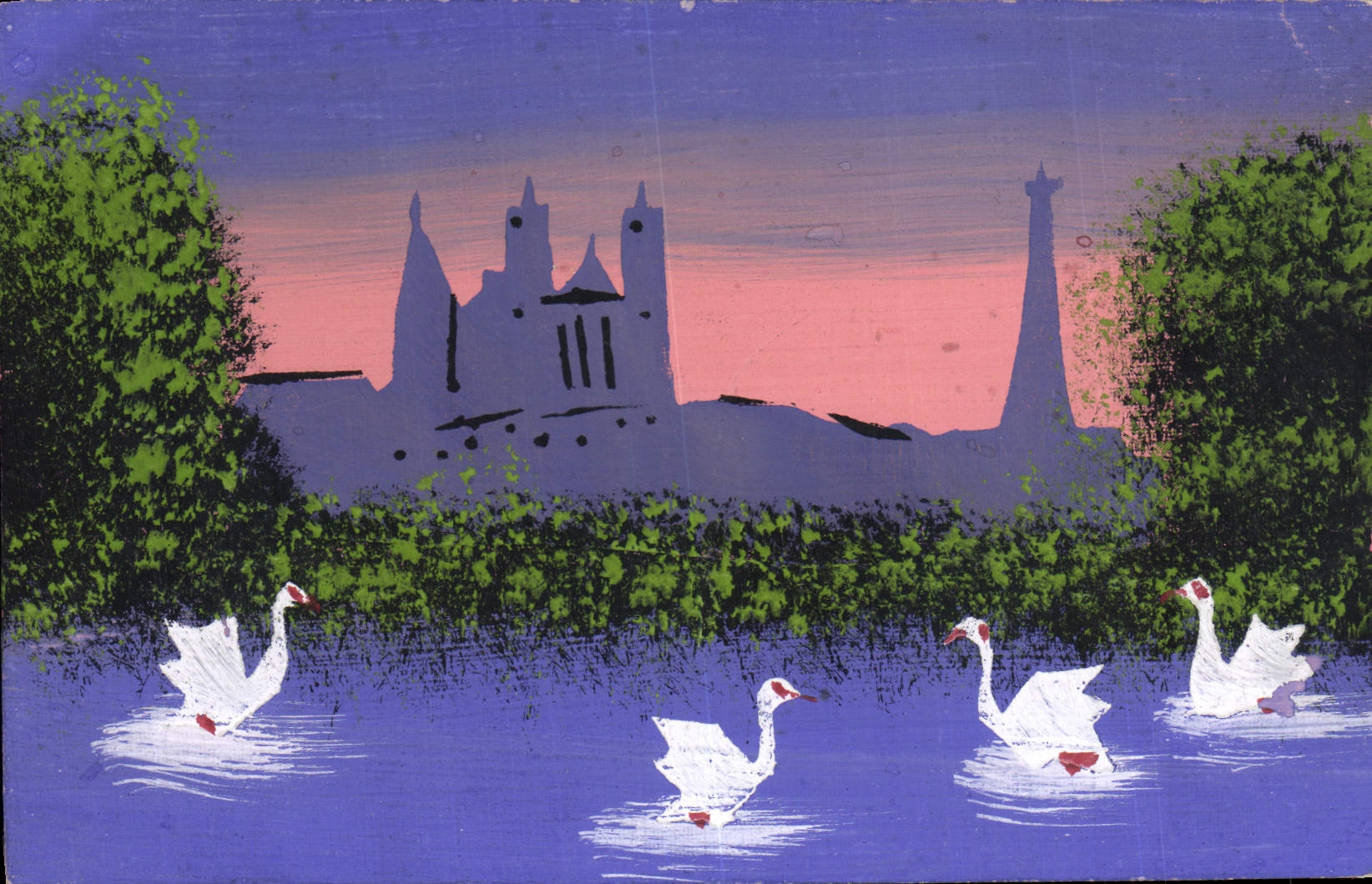 Vintage Postcard Fantasy (drawing has the hand) Paris Eiffel Tower Sacfre Coeur Montmartre Swans