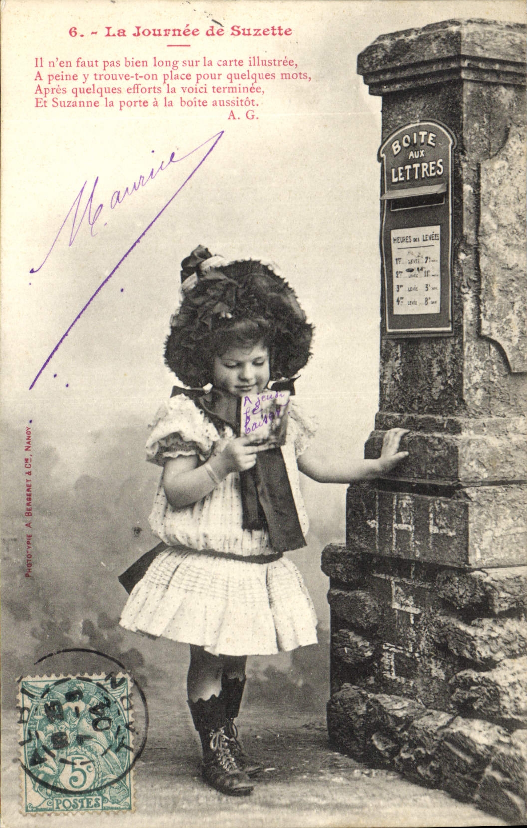 Vintage Postcard Fantasy Child the day of Suzette Letter-box