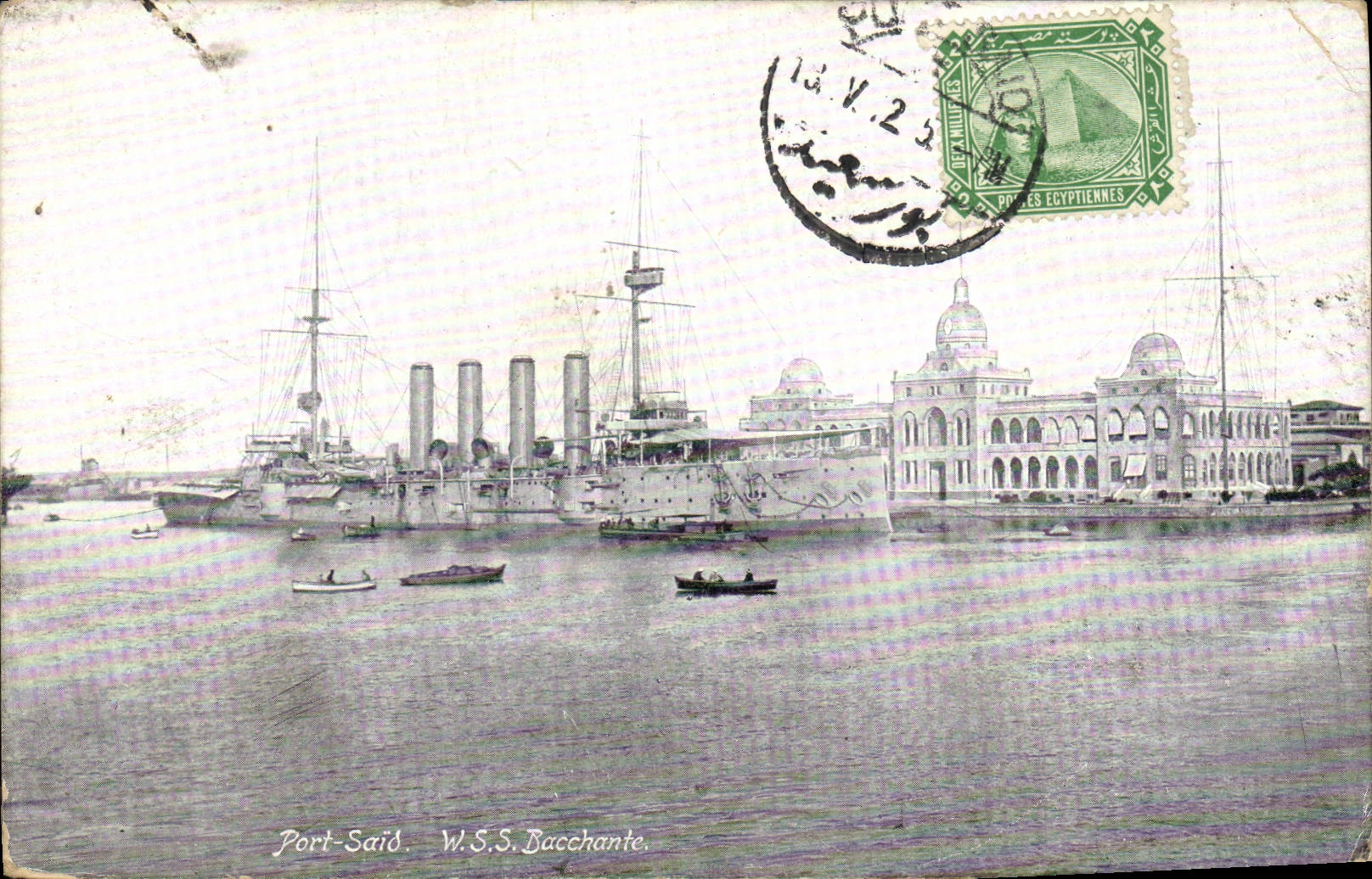 Vintage Postcard Warship Port Saïd WSS Bacchante Egypt Egypt