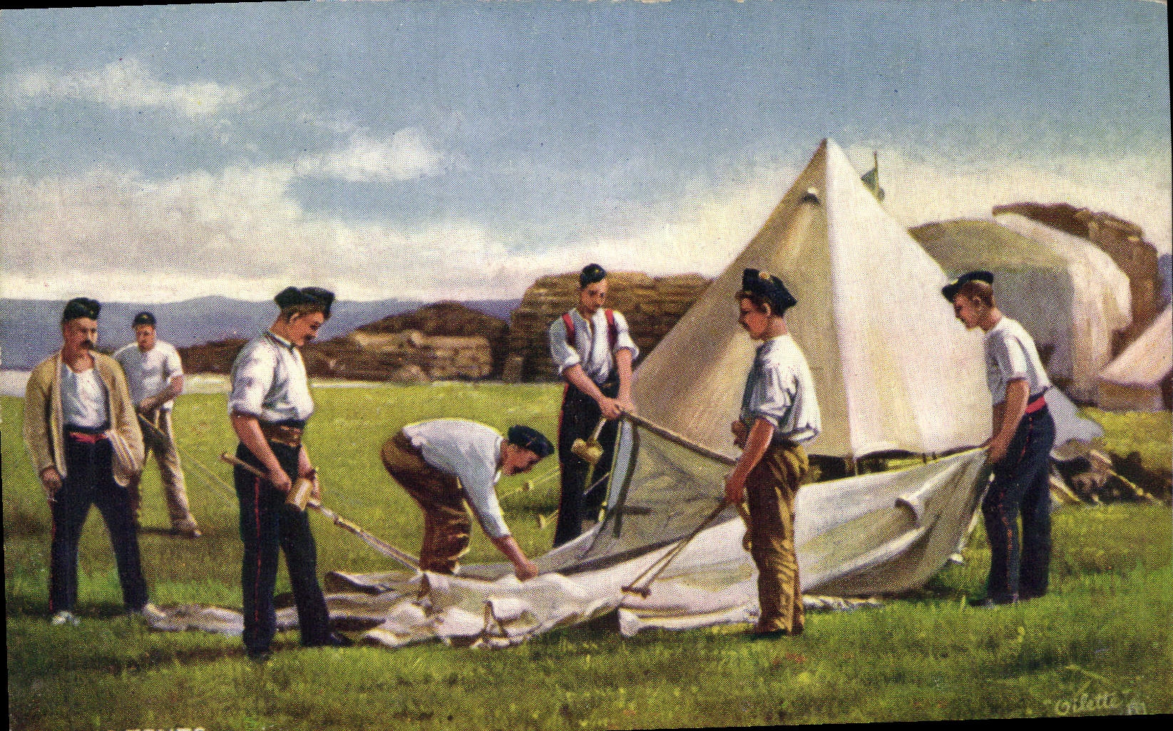 Vintage Postcard Militaria Pitching tents