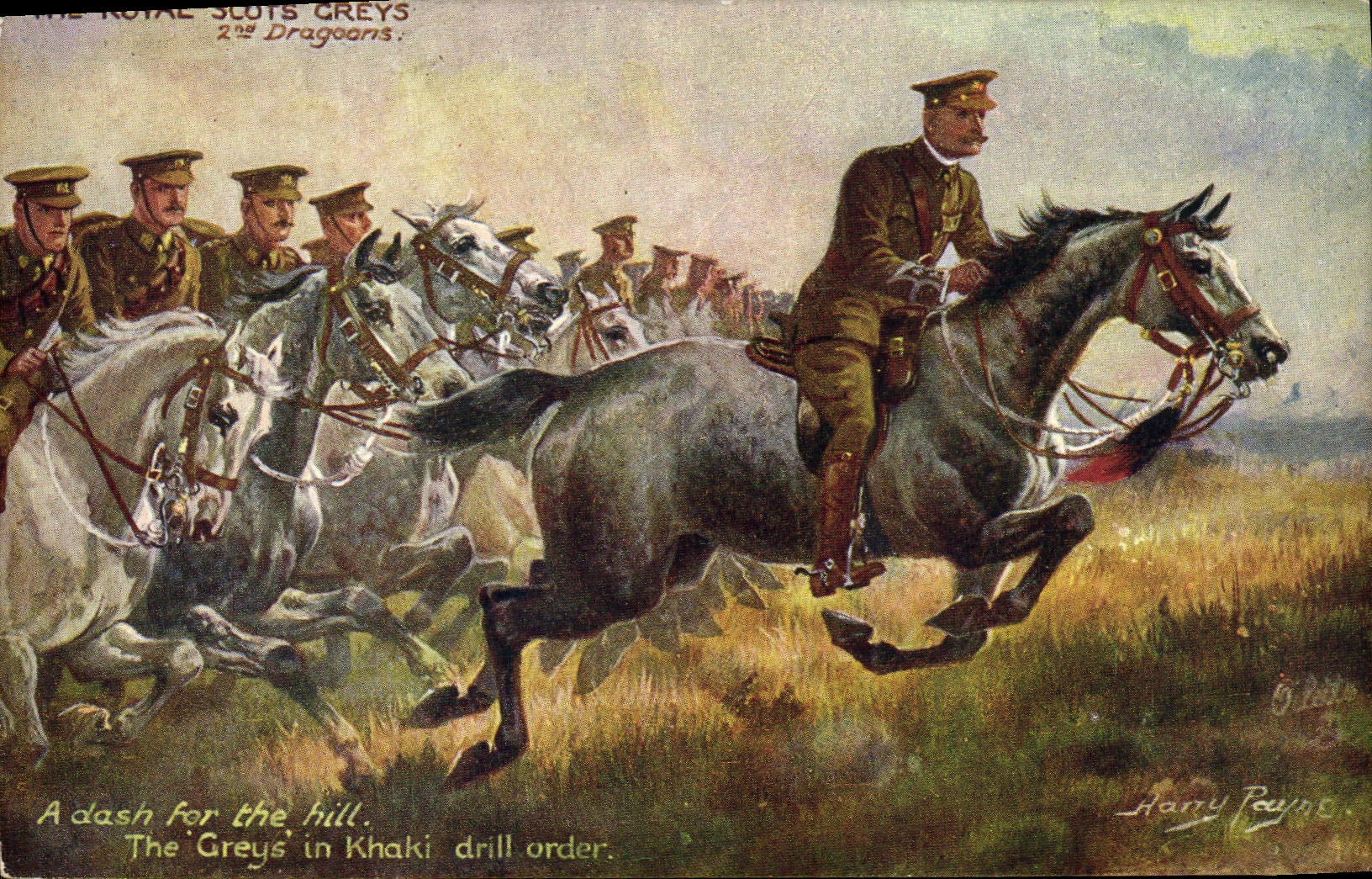 Vintage Postcard Militaria The Royal Scots Grey 2nd Dragons A dash from the hill The greys in khaki seed-planting drill order