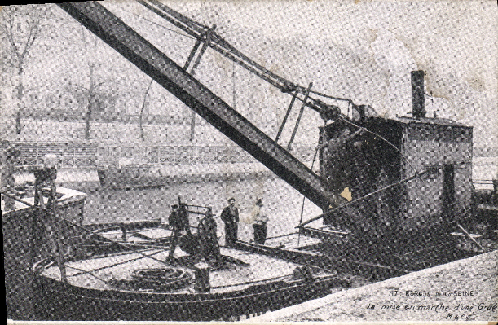 Vintage Postcard Banks of the Seine the starting of a crane