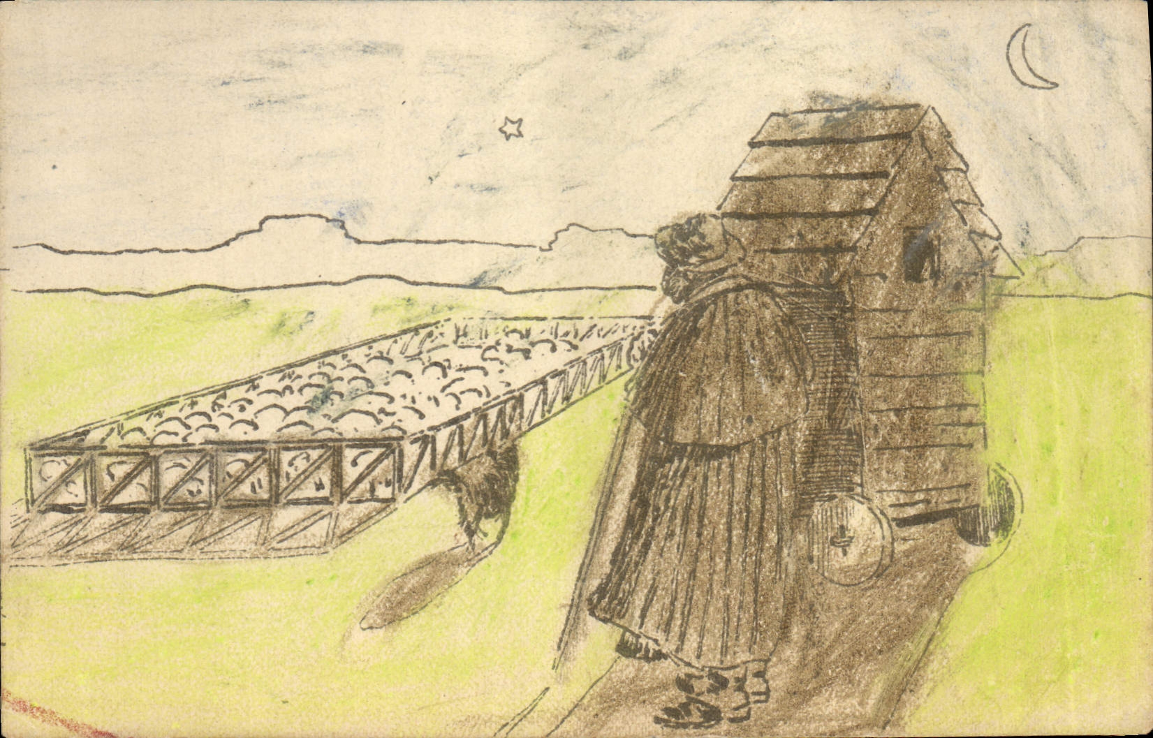 Vintage Postcard Fantasy Shepherd Sheep (drawing has the hand)