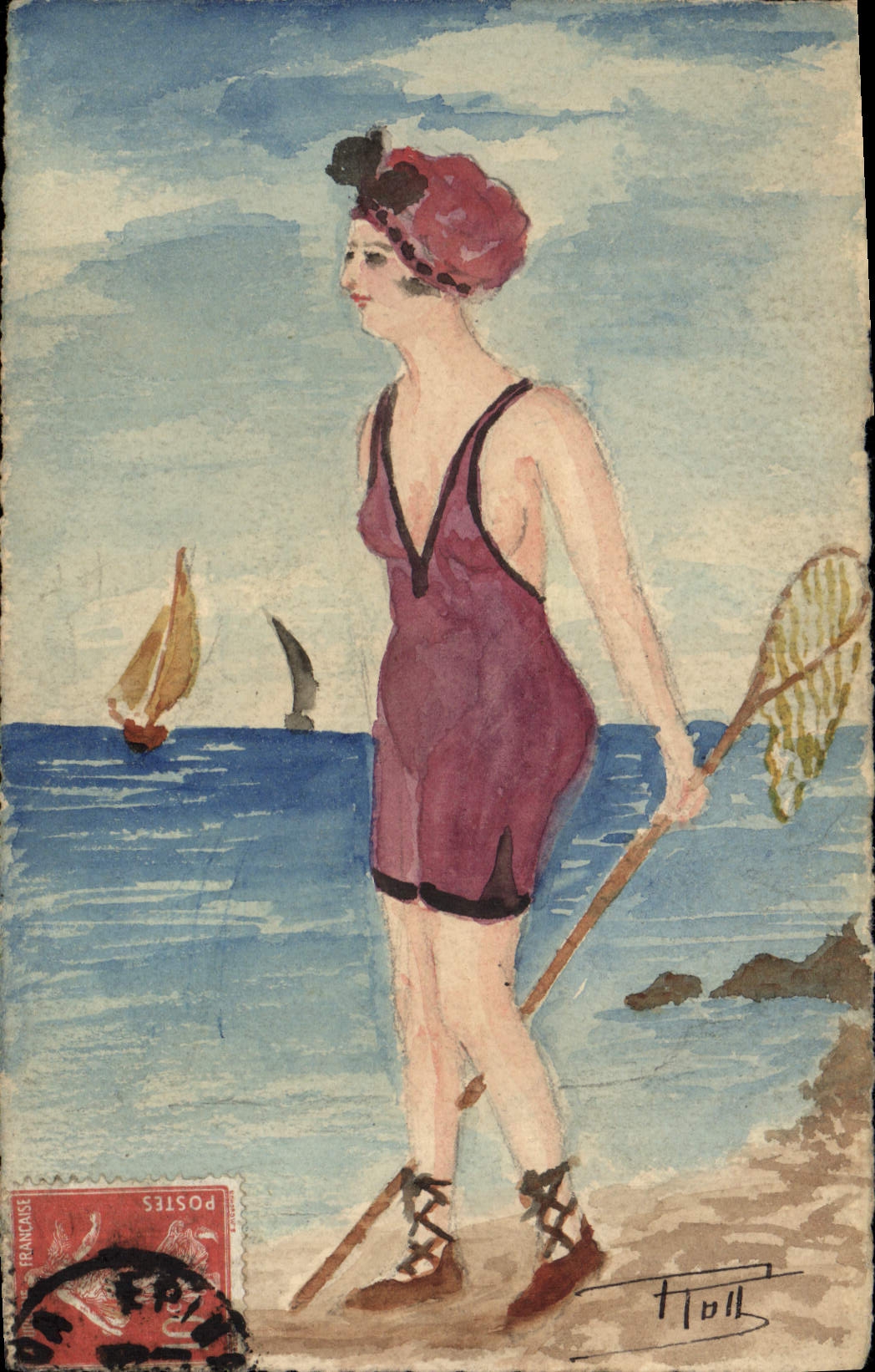 Vintage Postcard Fantaisie Woman has the beach (drawing has the hand)