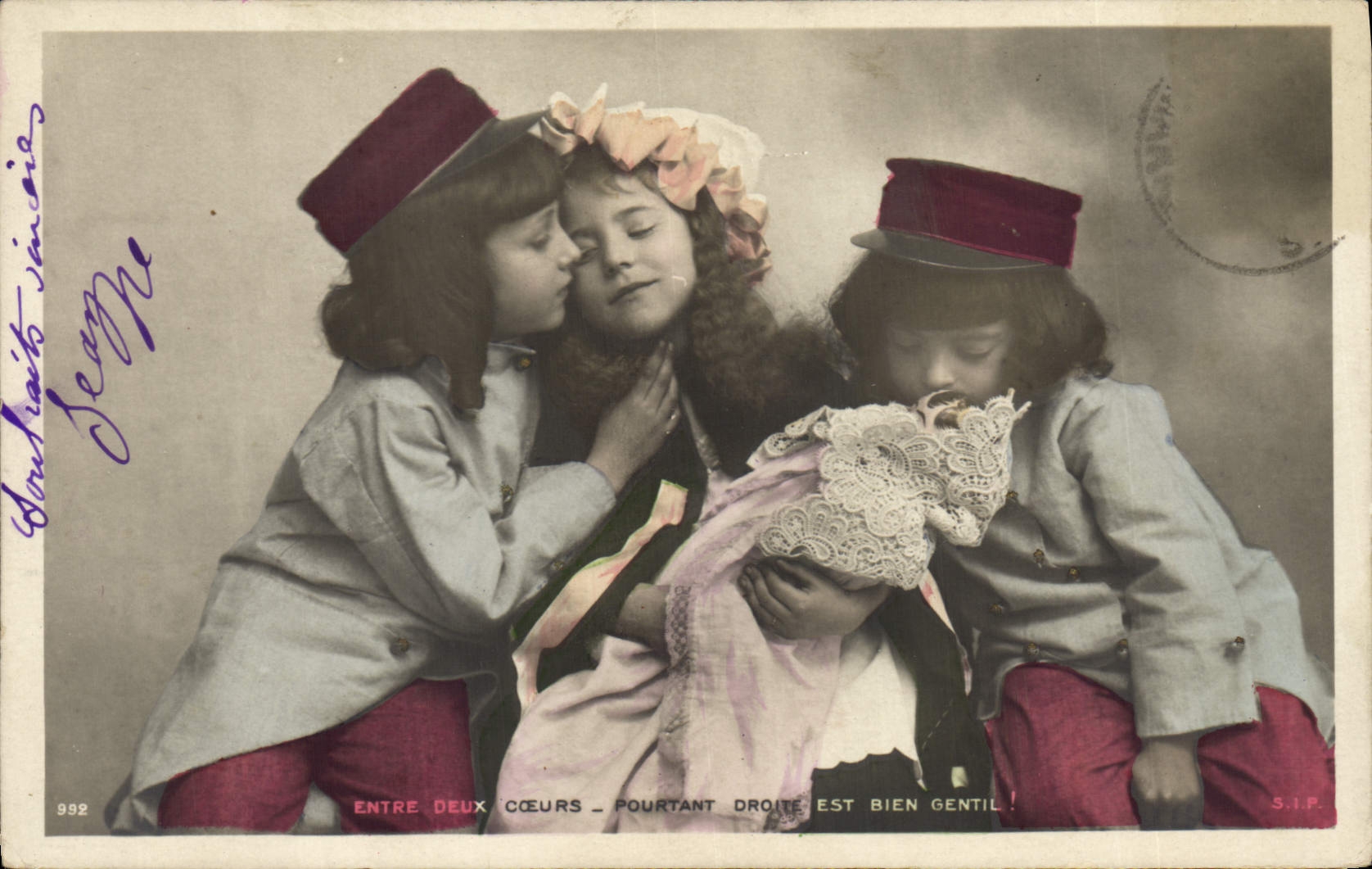Vintage Postcard Fantaisie Child right Headstock Between two Pourtant hearts is quite nice