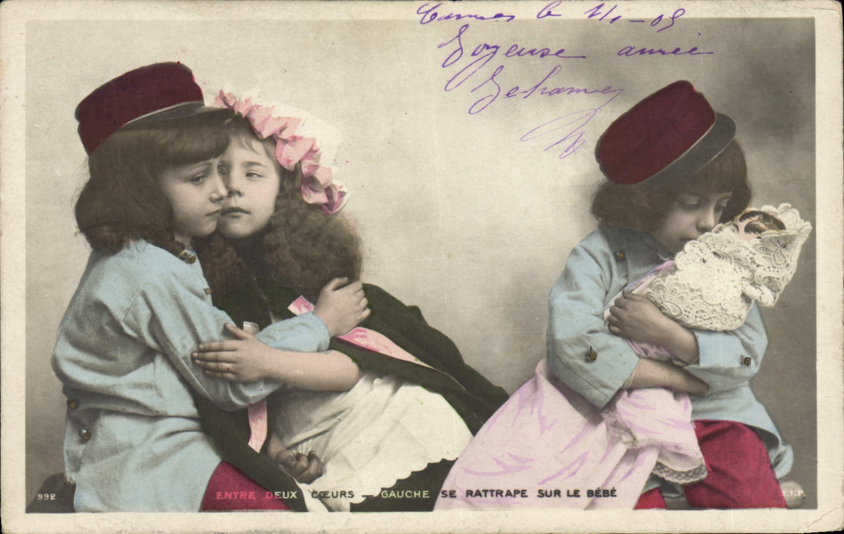 Vintage Postcard Fantaisie Child Headstock Between two Gauche hearts is caught up with on the baby