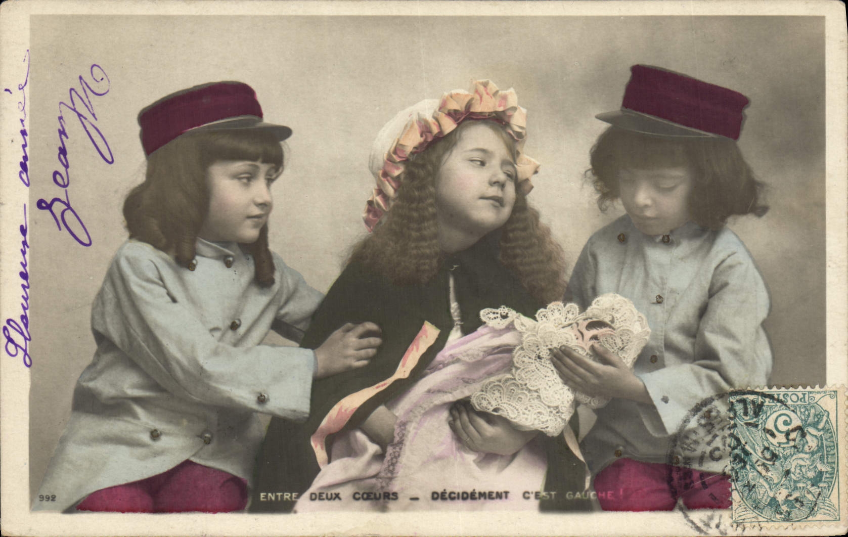 Vintage Postcard Fantaisie Child Headstock Between two hearts Decidement it is left