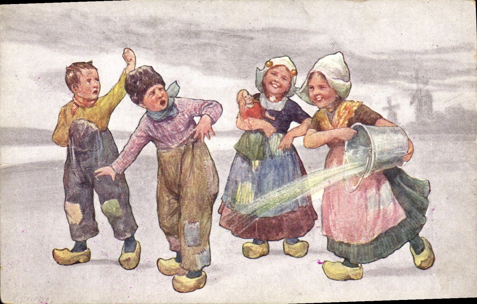 Vintage Postcard Fantaisie Children Folklore Windmill