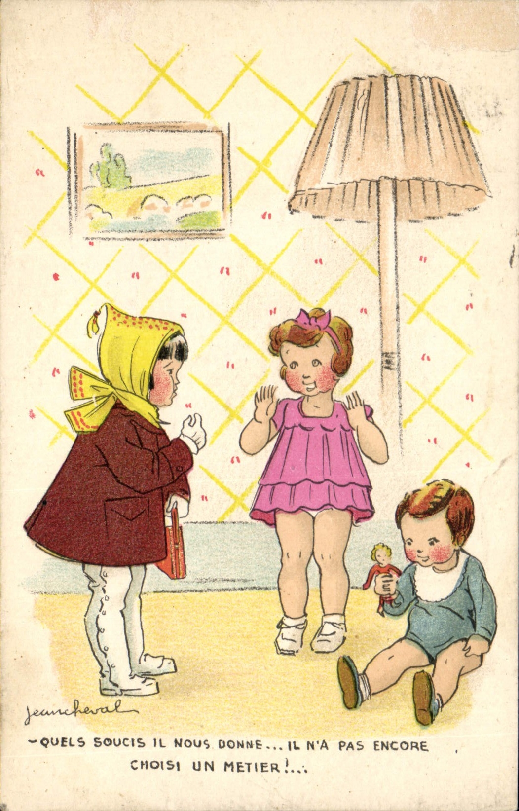 CPA Fantaisie Enfants Poupee Jean Cheval Quels soucis il nous donne 